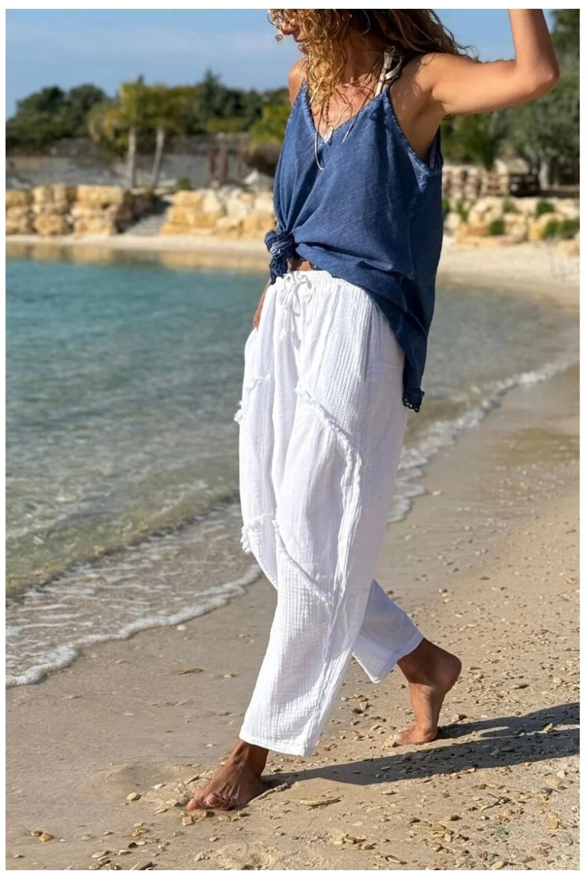 Kadın Beyaz Keten Cepli Yıkamalı Bohem Pinterest Salaş Bol Paça Pantolon