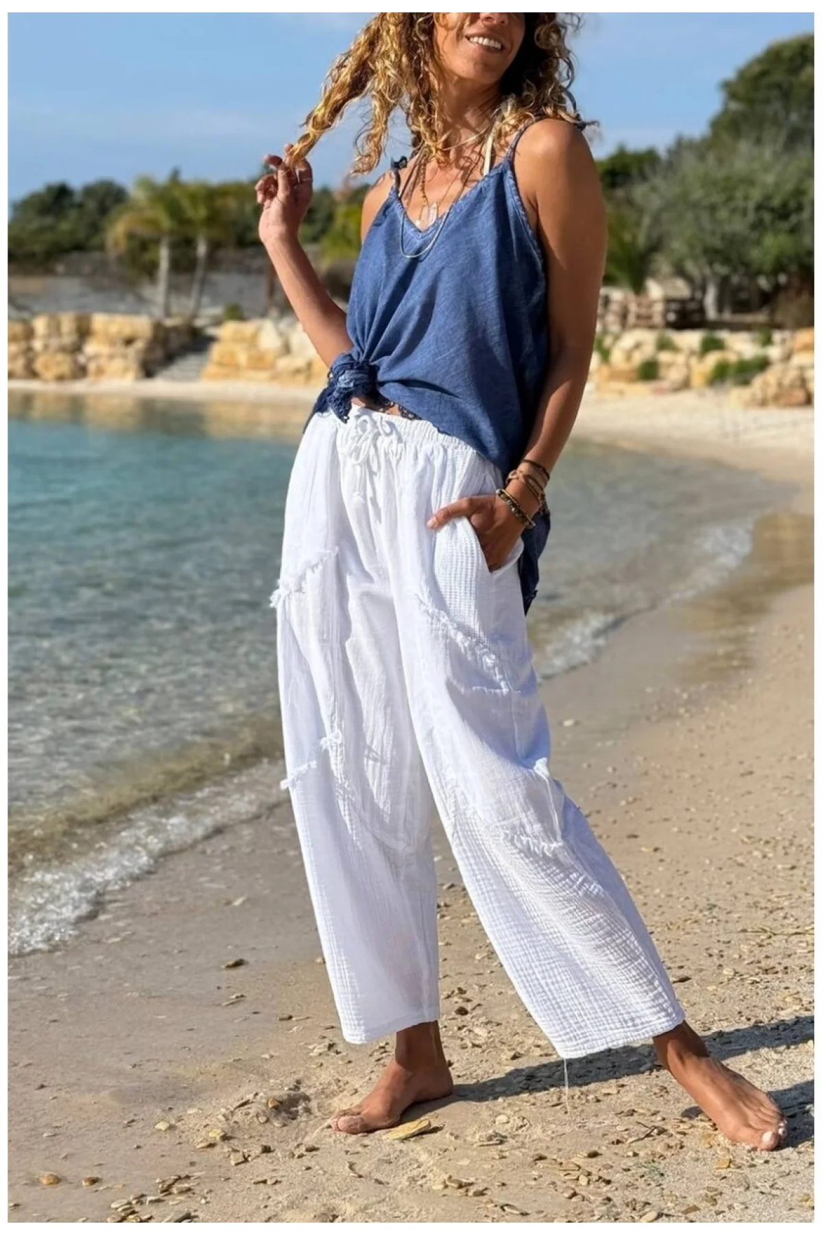 Kadın Beyaz Keten Cepli Yıkamalı Bohem Pinterest Salaş Bol Paça Pantolon