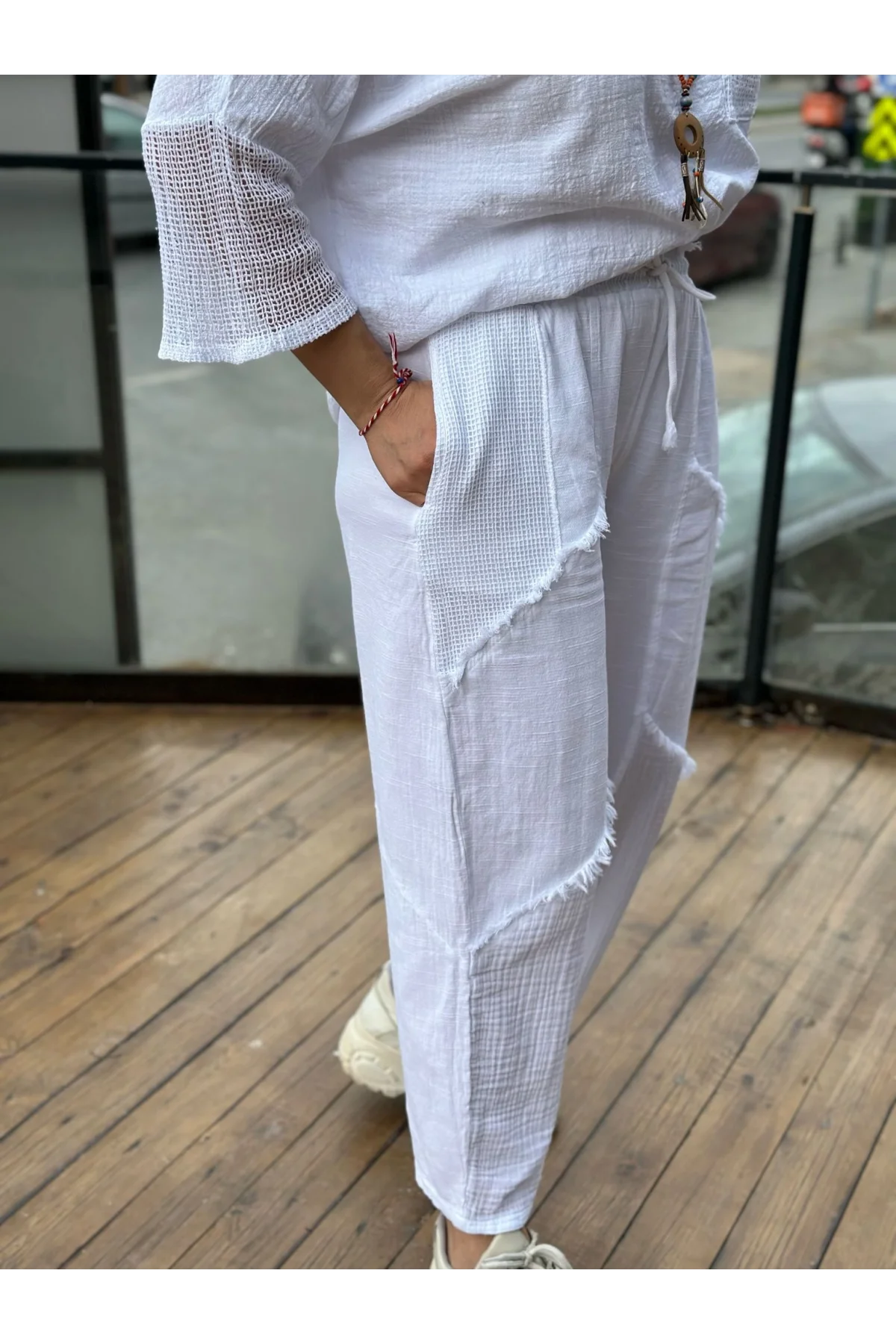 Kadın Beyaz Keten Cepli Yıkamalı Bohem Pinterest Salaş Bol Paça Pantolon