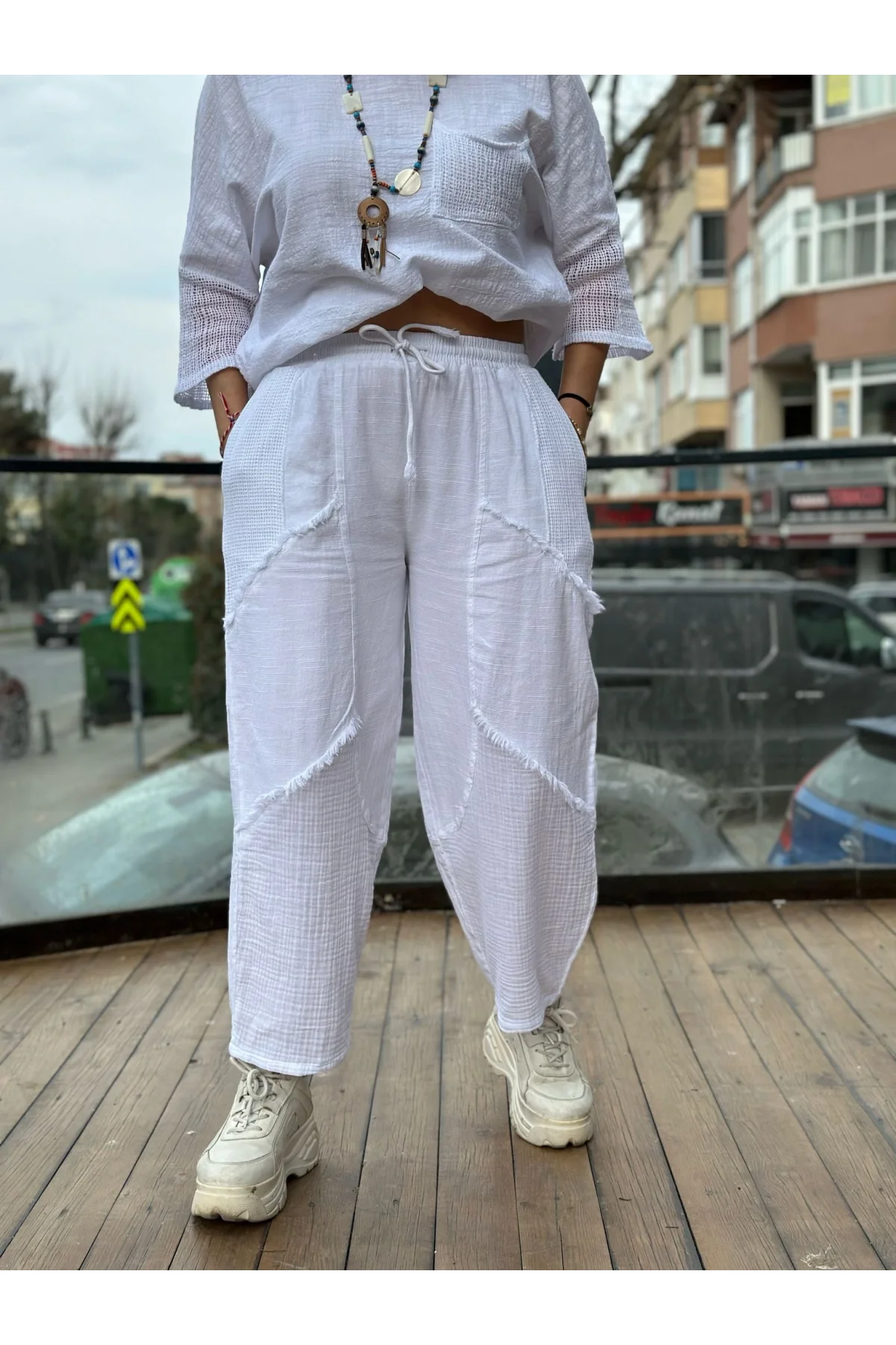 Kadın Beyaz Keten Cepli Yıkamalı Bohem Pinterest Salaş Bol Paça Pantolon
