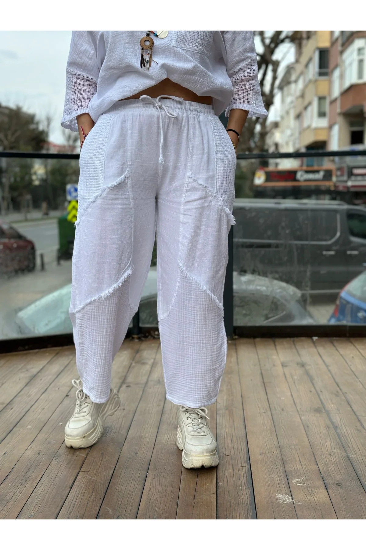 Kadın Beyaz Keten Cepli Yıkamalı Bohem Pinterest Salaş Bol Paça Pantolon