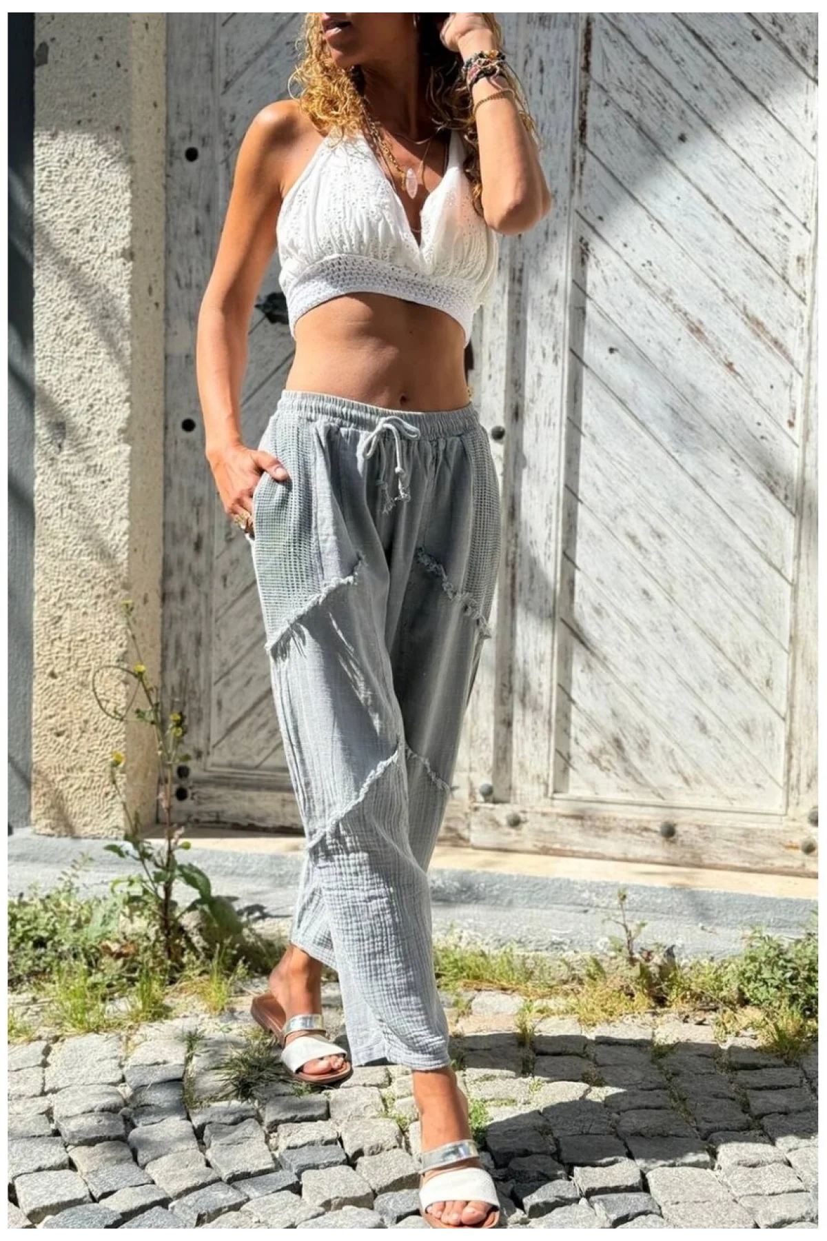 Kadın Gri Keten Cepli Yıkamalı Bohem Pinterest Salaş Bol Paça Pantolon