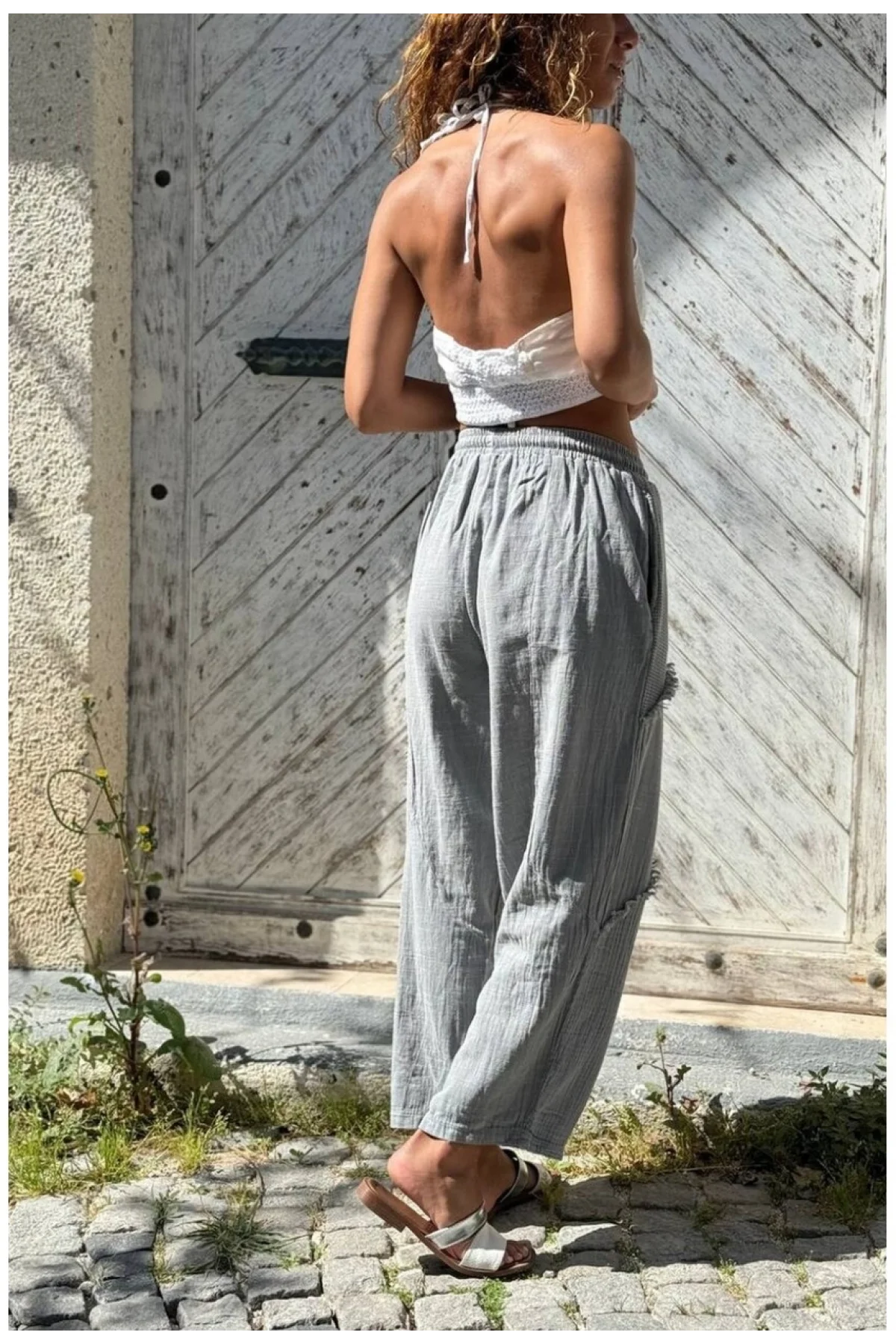Kadın Gri Keten Cepli Yıkamalı Bohem Pinterest Salaş Bol Paça Pantolon