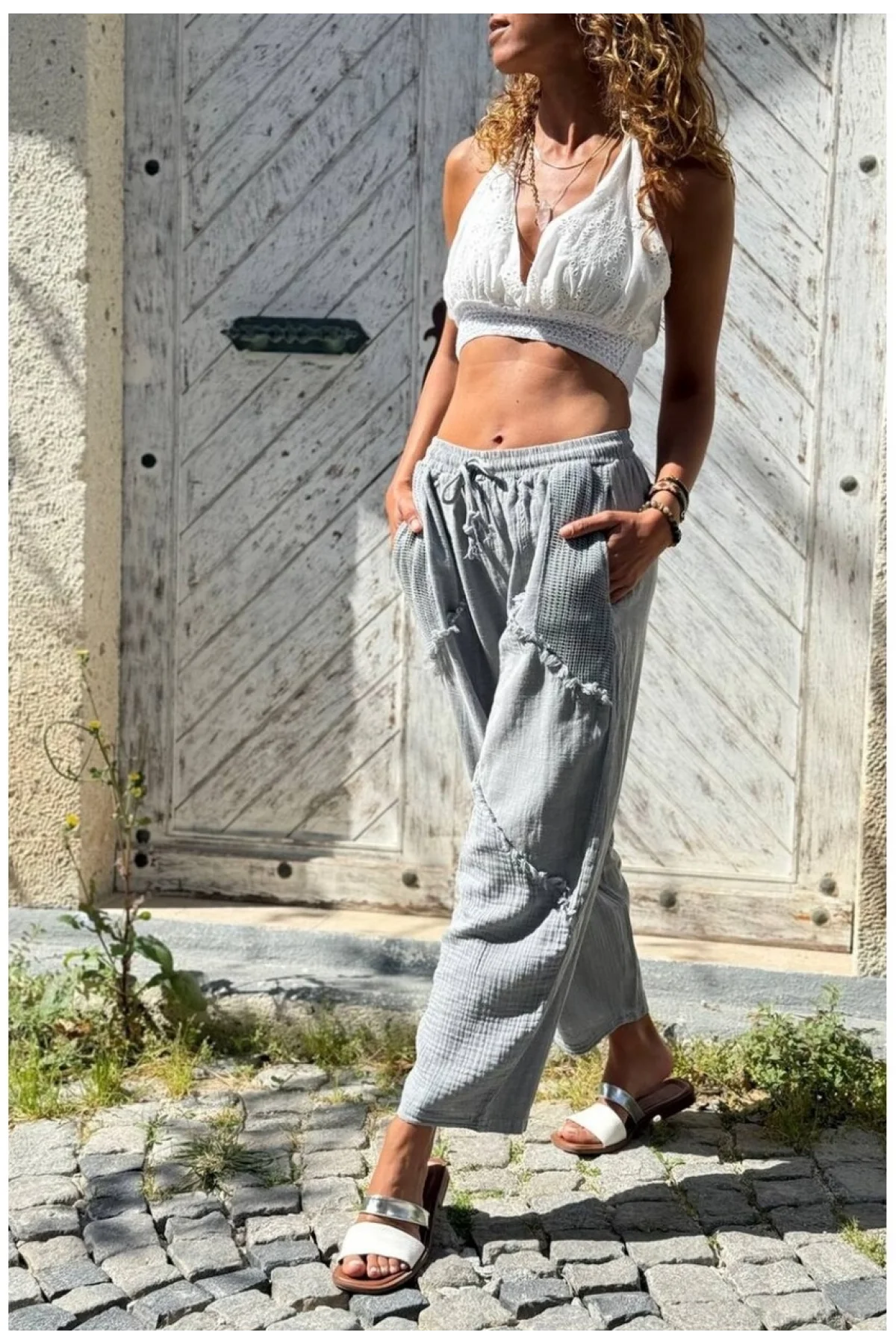 Kadın Gri Keten Cepli Yıkamalı Bohem Pinterest Salaş Bol Paça Pantolon