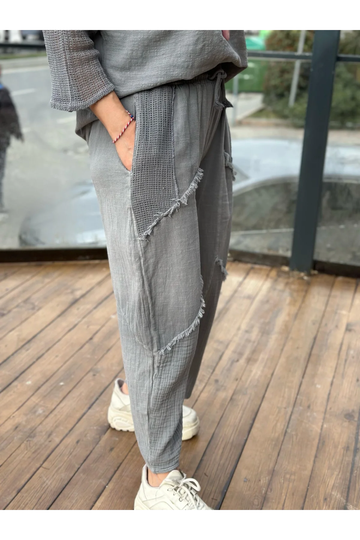 Kadın Gri Keten Cepli Yıkamalı Bohem Pinterest Salaş Bol Paça Pantolon