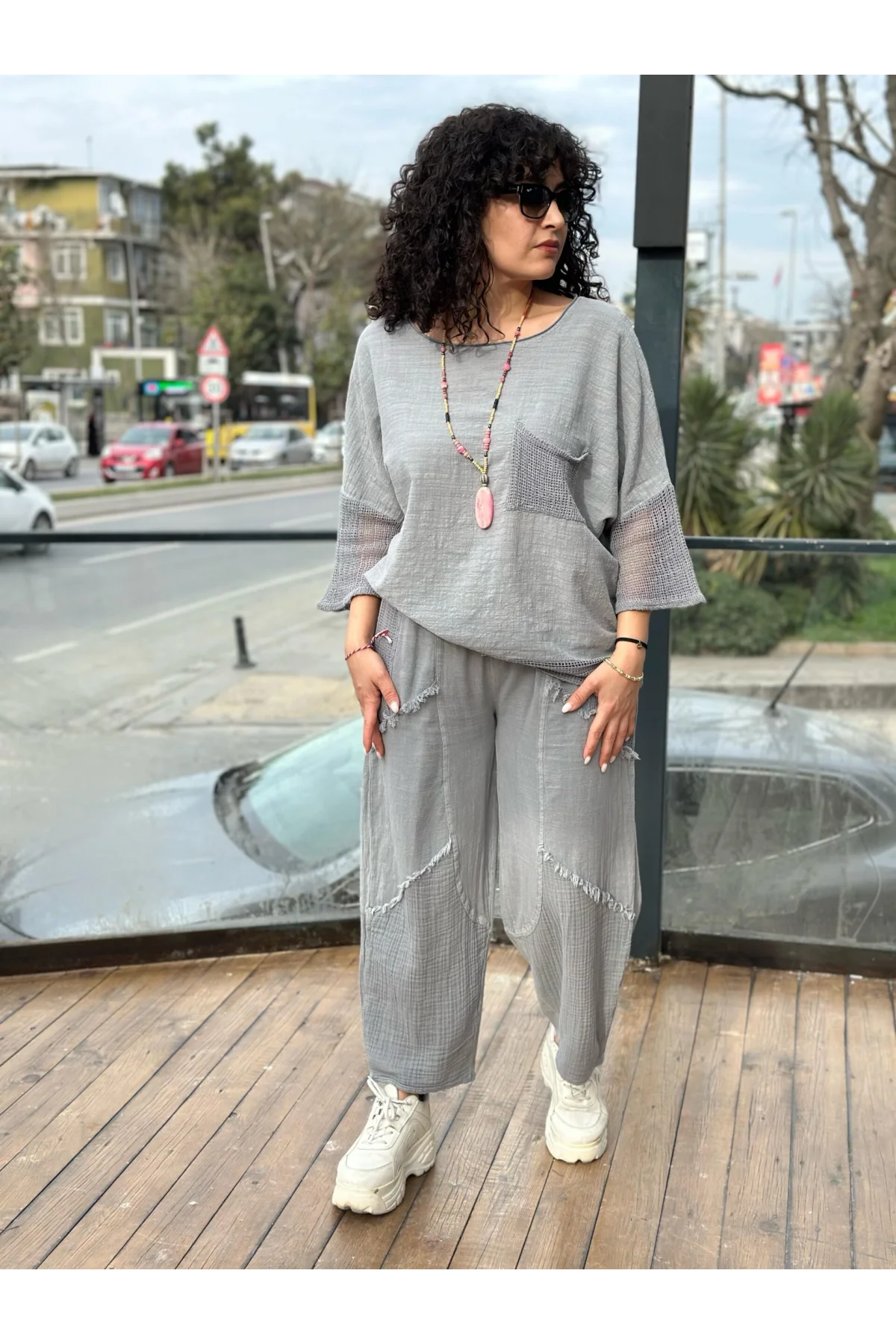 Kadın Gri Keten Cepli Yıkamalı Bohem Pinterest Salaş Bol Paça Pantolon