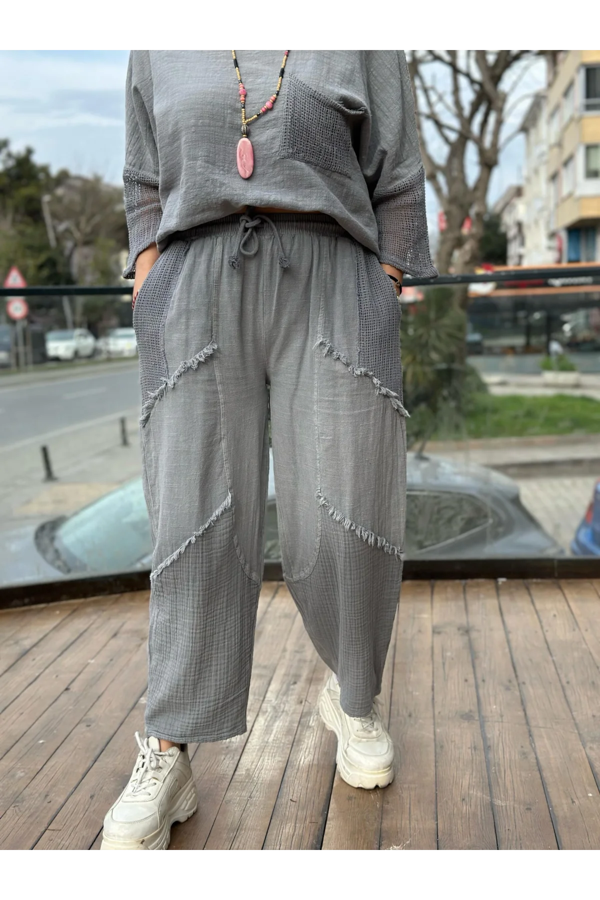 Kadın Gri Keten Cepli Yıkamalı Bohem Pinterest Salaş Bol Paça Pantolon