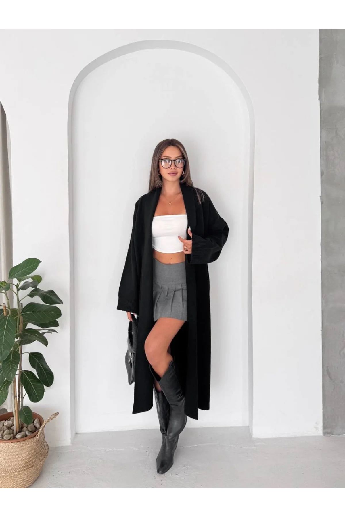 Kadın Siyah Pamuklu Uzun Kimono Yaka Oversize Triko Hırka