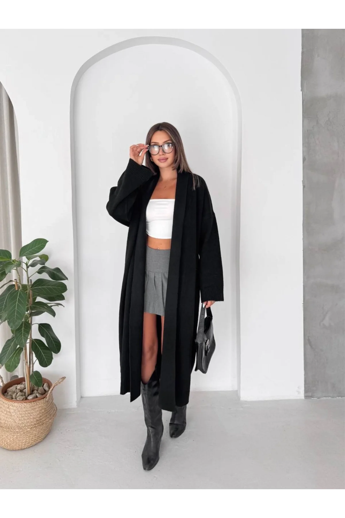 Kadın Siyah Pamuklu Uzun Kimono Yaka Oversize Triko Hırka