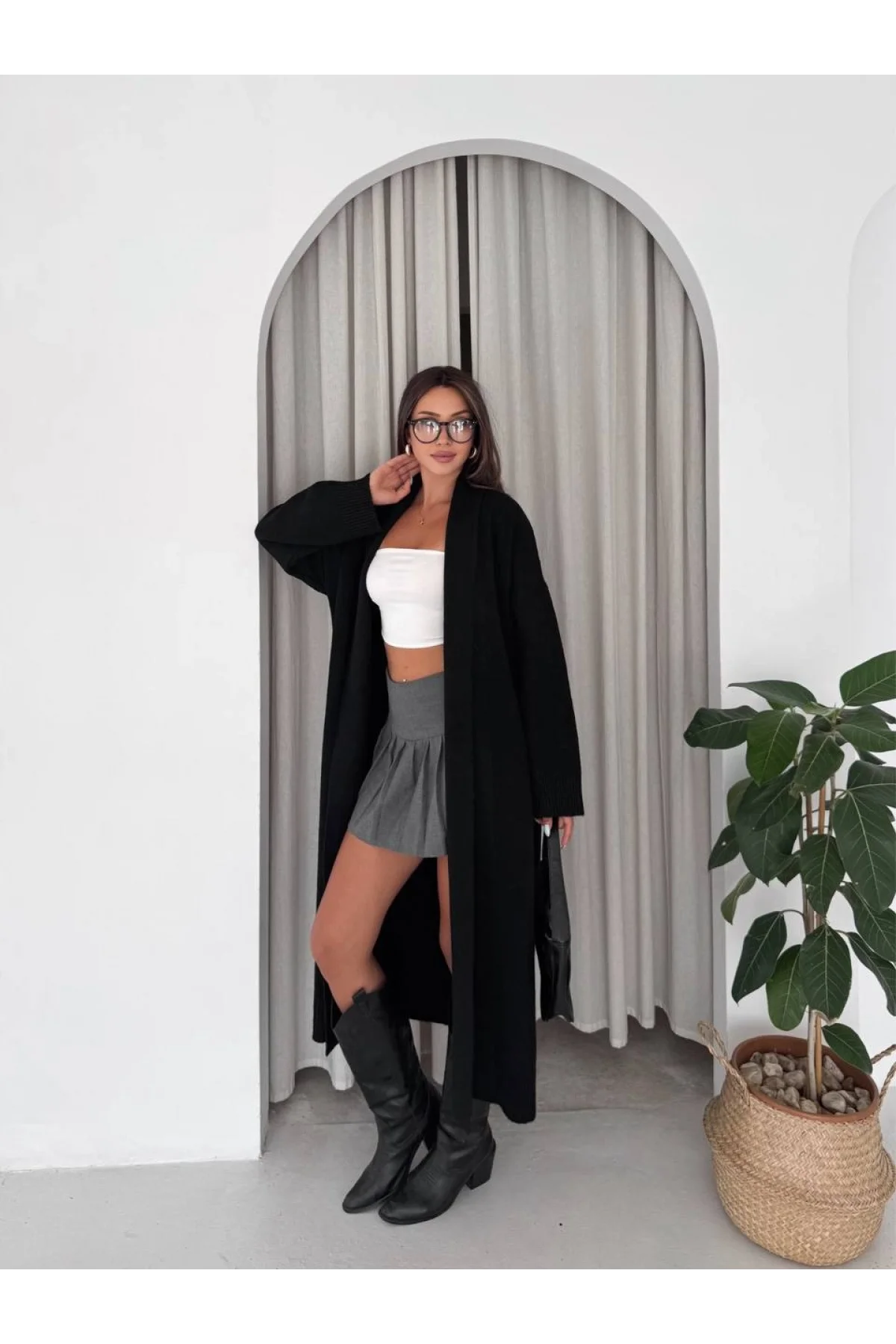 Kadın Siyah Pamuklu Uzun Kimono Yaka Oversize Triko Hırka