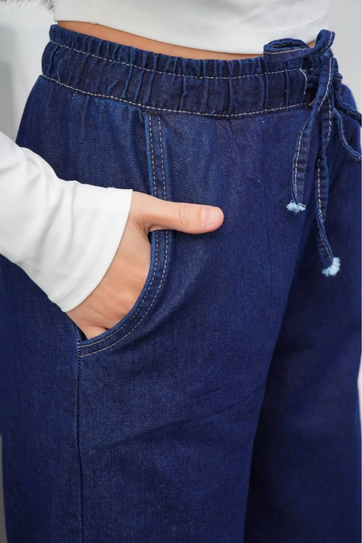 Kadın Koyu Mavi Beli Lastikli Bağcıklı Dökümlü Geniş Paça Pinterest Palazzo Kot Pantolon