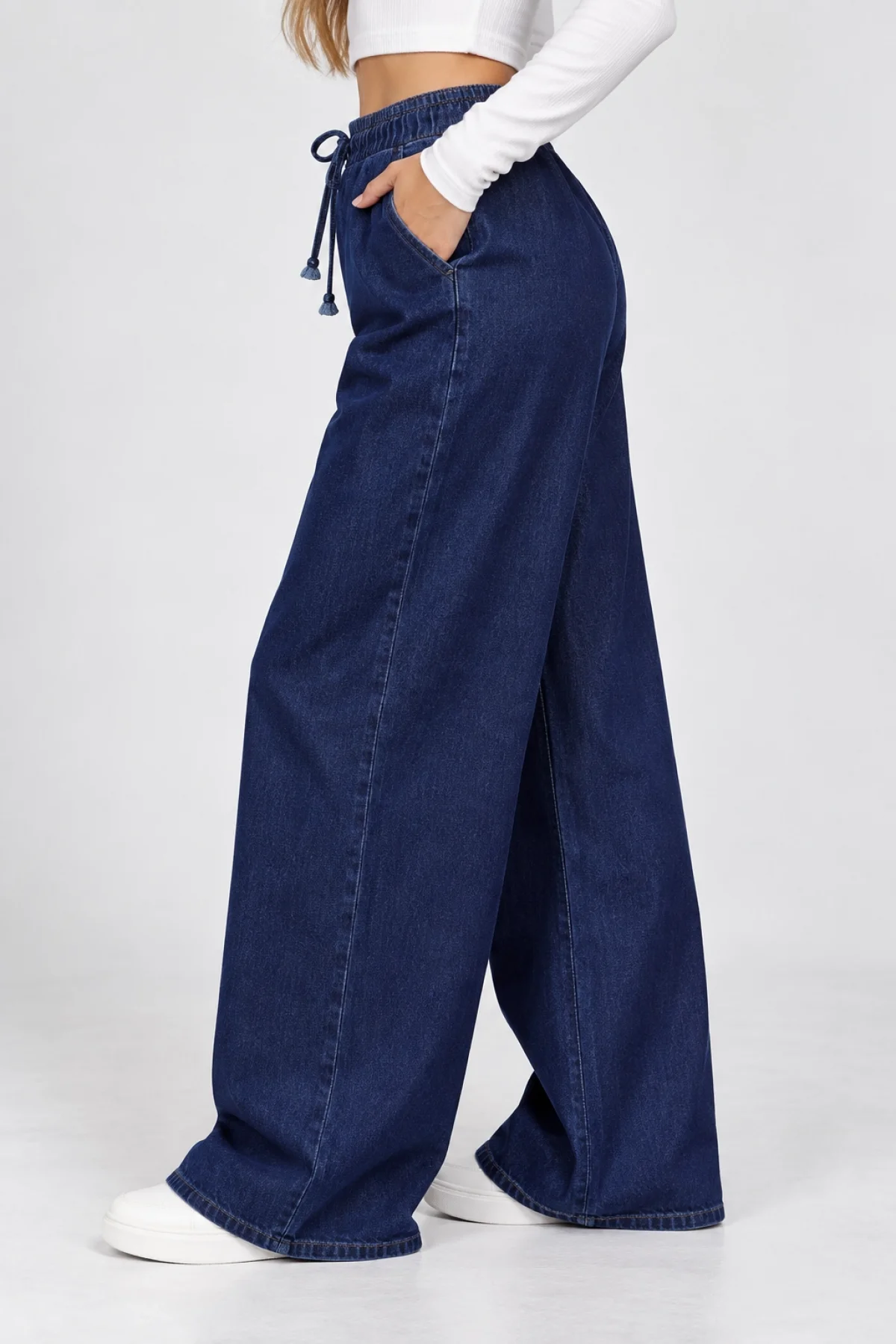 Kadın Koyu Mavi Beli Lastikli Bağcıklı Dökümlü Geniş Paça Pinterest Palazzo Kot Pantolon