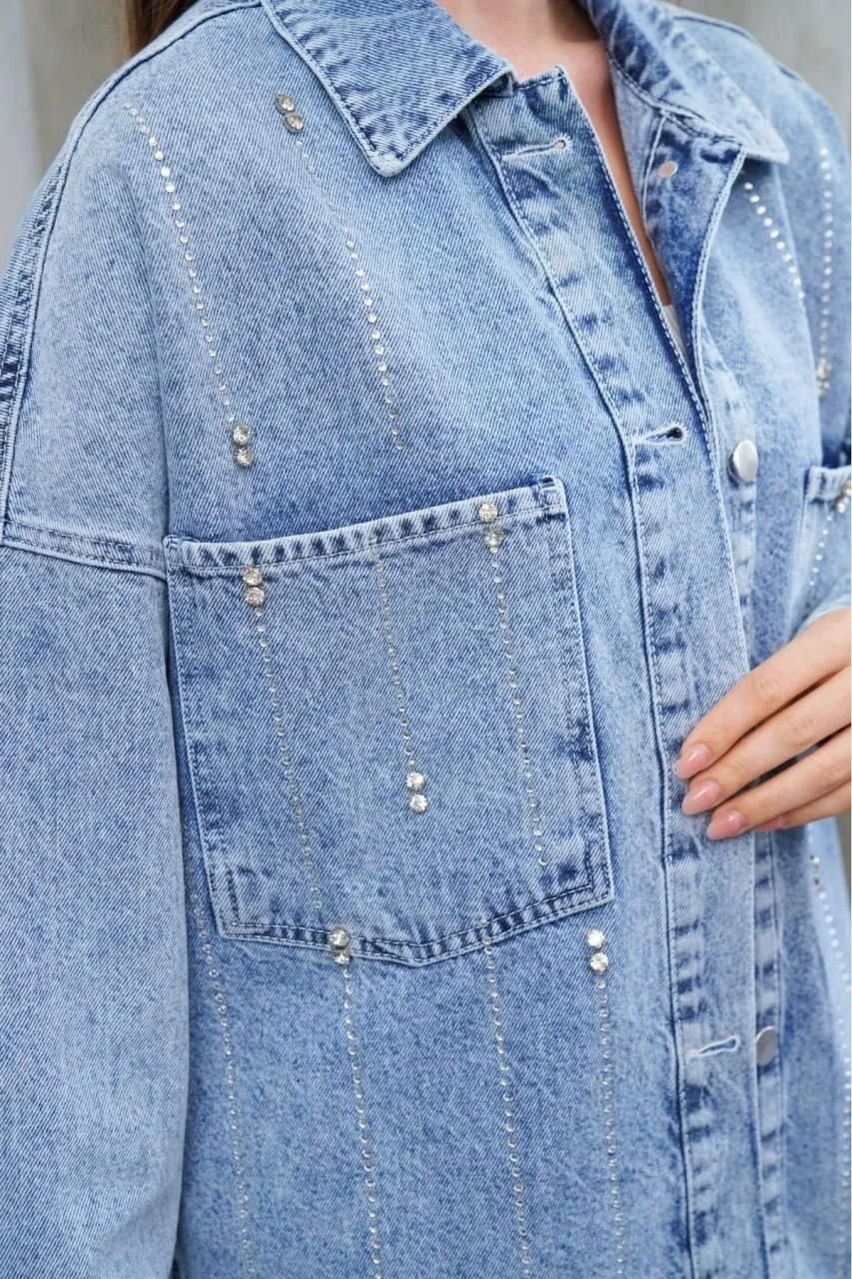 Kadın Açık Mavi Taş İşlemeli Oversize Geniş Kalıp Pinterest Kot Ceket