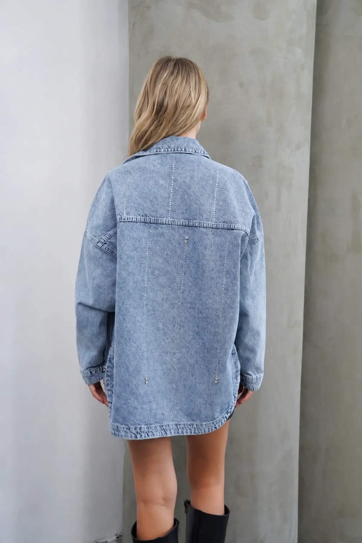 Kadın Açık Mavi Taş İşlemeli Oversize Geniş Kalıp Pinterest Kot Ceket