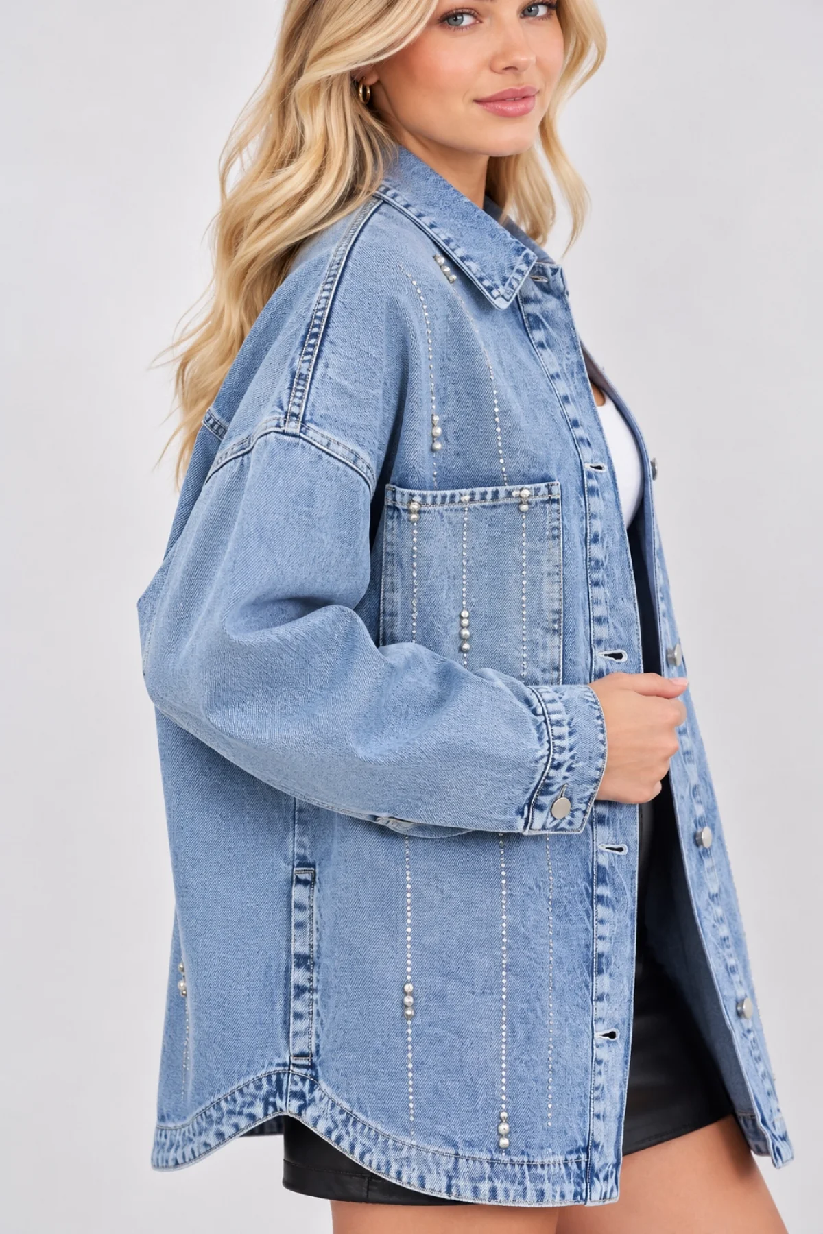 Kadın Açık Mavi Taş İşlemeli Oversize Geniş Kalıp Pinterest Kot Ceket
