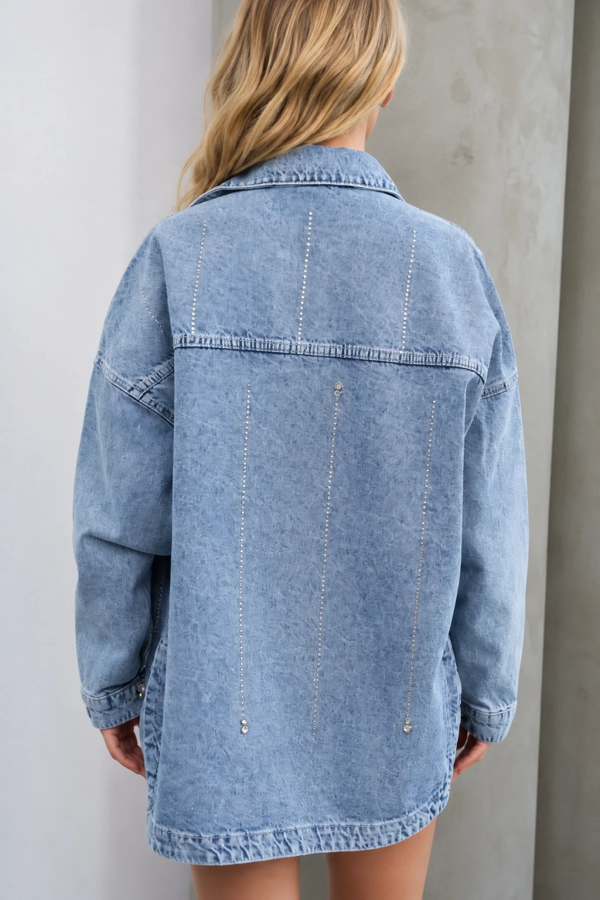 Kadın Açık Mavi Taş İşlemeli Oversize Geniş Kalıp Pinterest Kot Ceket