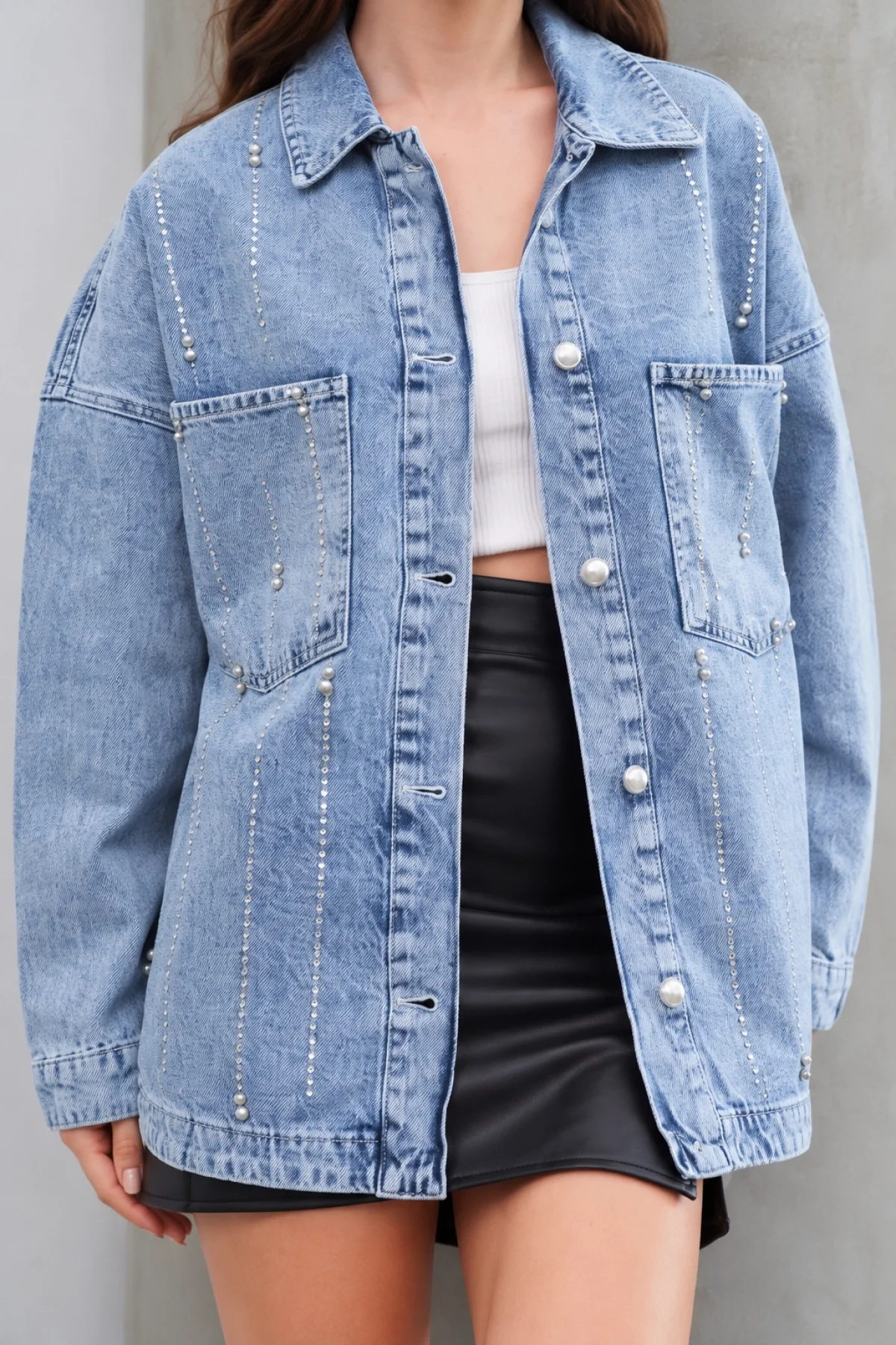 Kadın Açık Mavi Taş İşlemeli Oversize Geniş Kalıp Pinterest Kot Ceket