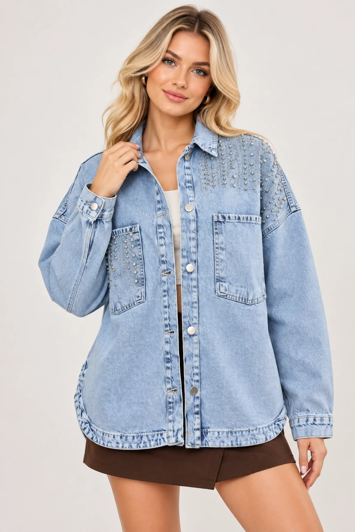Kadın Açık Mavi Omuz ve Cep Taş İşlemeli Düğmeli Bohem Pinterest Oversize Kot Ceket