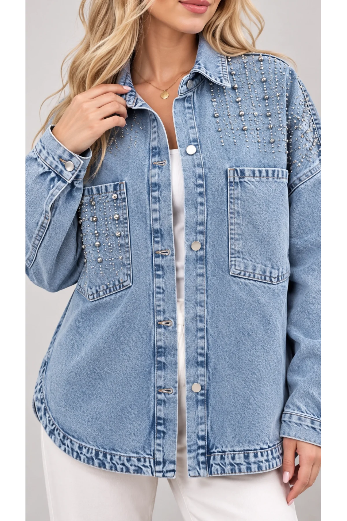 Kadın Açık Mavi Omuz ve Cep Taş İşlemeli Düğmeli Bohem Pinterest Oversize Kot Ceket