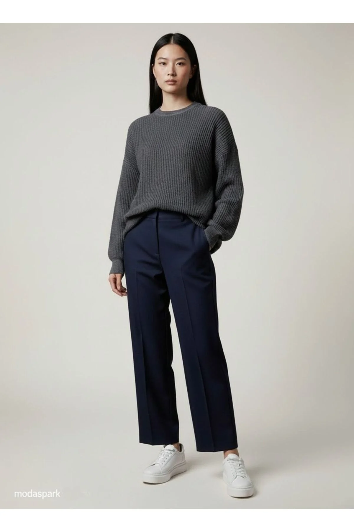 Kadın Antrasit Selanik Örgü Bisiklet Yaka Oversize Salaş Triko Kazak