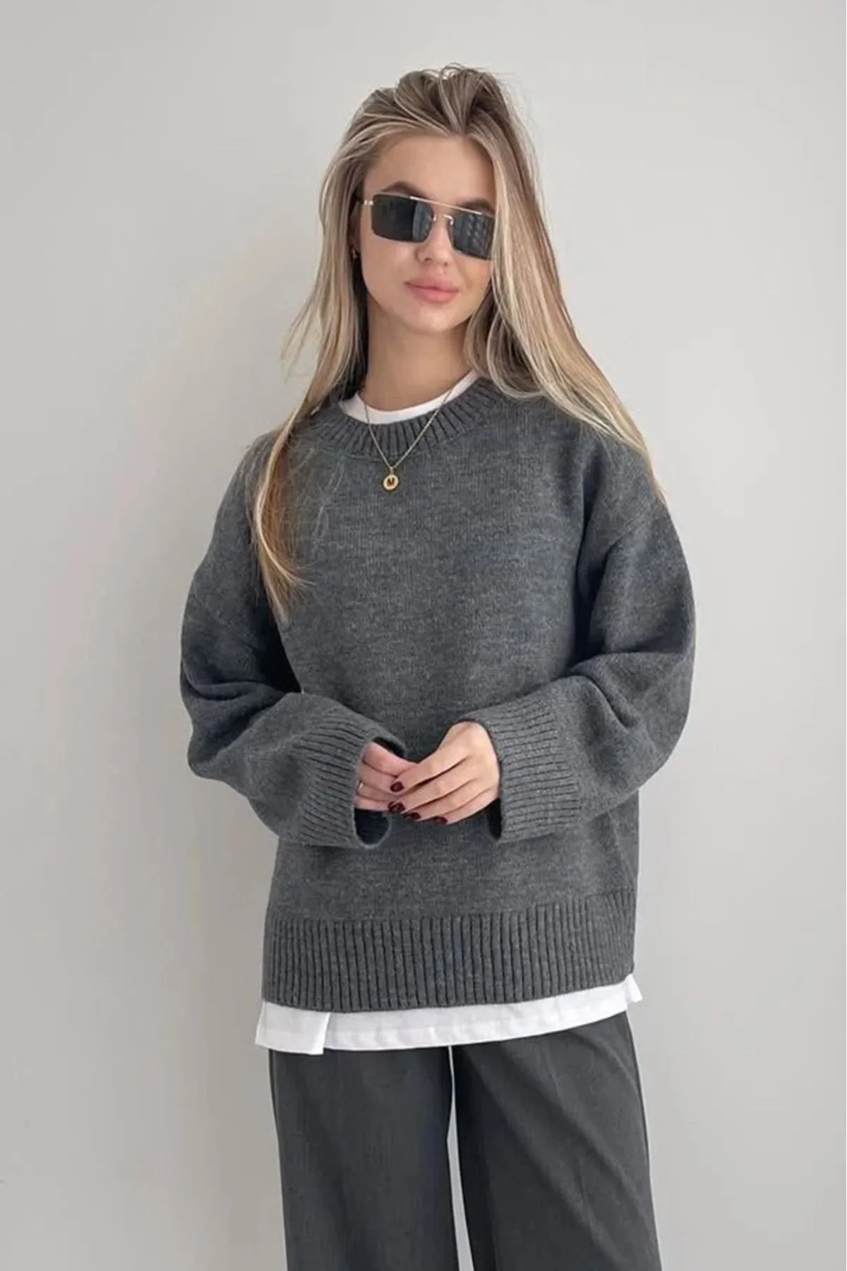 Kadın Antrasit Bisiklet Yaka Balon Kol Oversize Triko Kazak