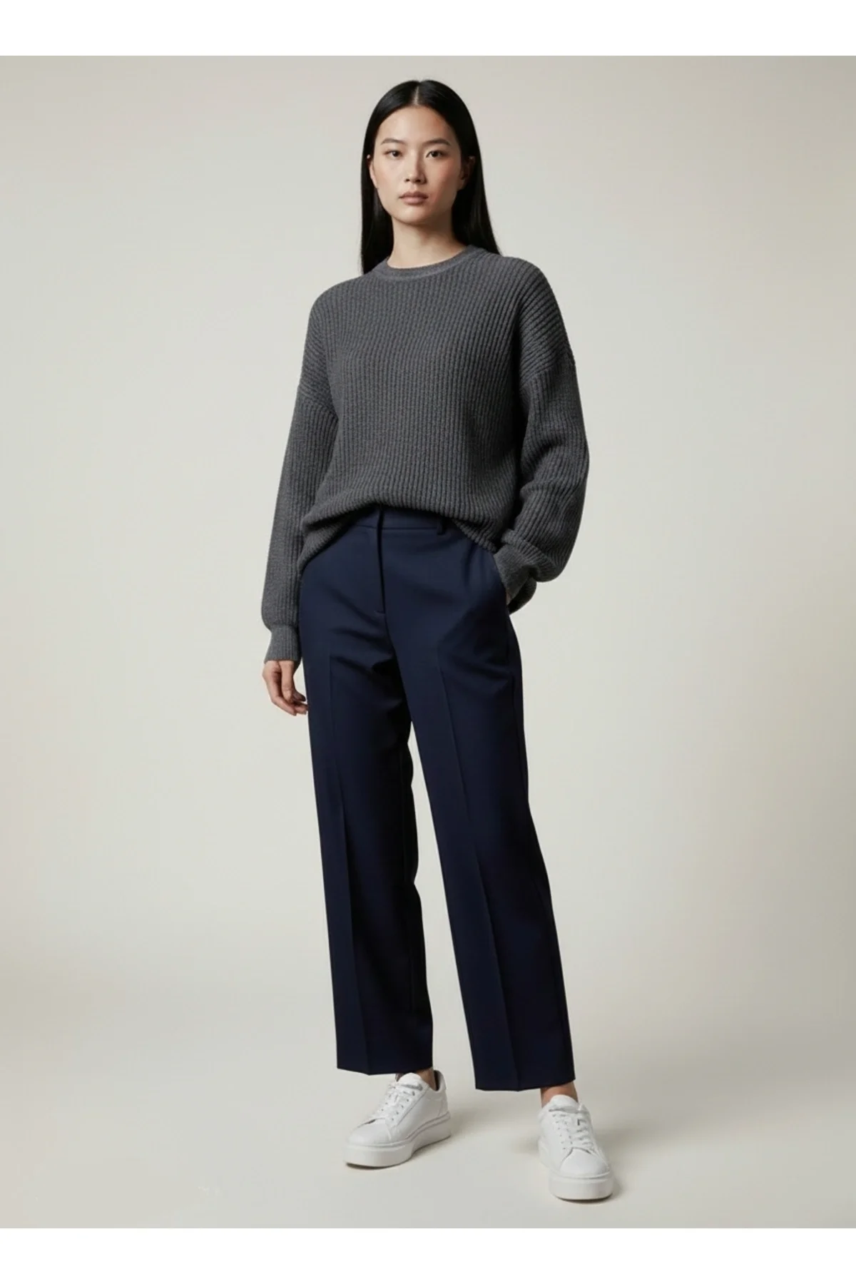 Kadın Antrasit Selanik Örgü Bisiklet Yaka Oversize Salaş Triko Kazak