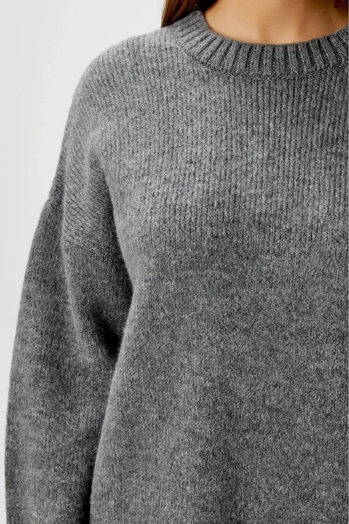 Kadın Antrasit Bisiklet Yaka Balon Kol Oversize Triko Kazak