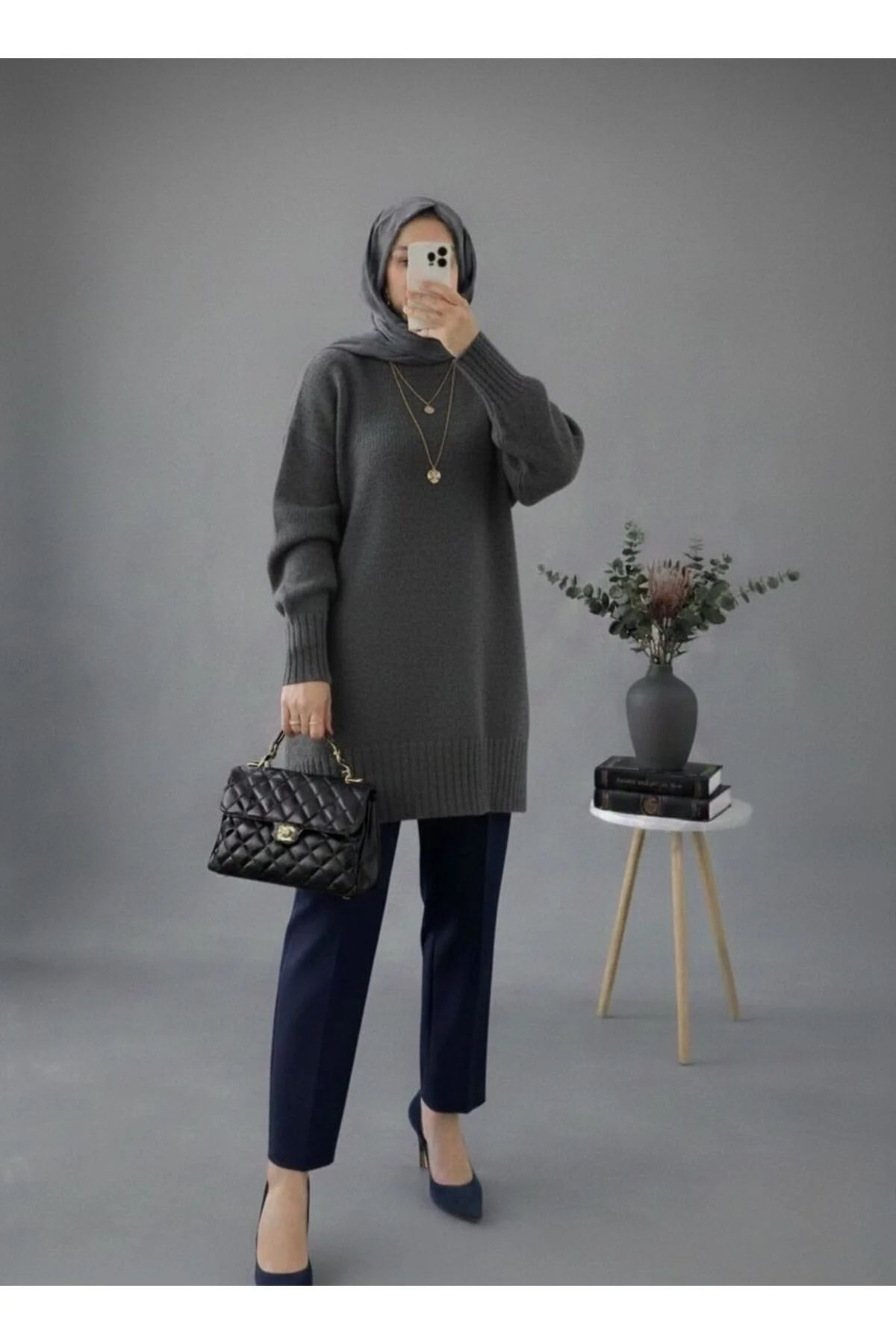 Kadın Antrasit Bisiklet Yaka Oversize Triko Tunik Kazak