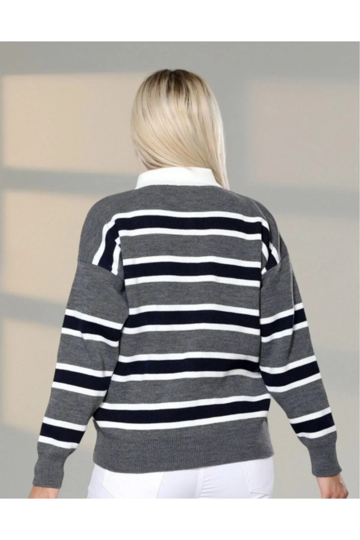 Kadın Antrasit Polo Yaka Çizgili Düğmeli Oversize Triko Kazak