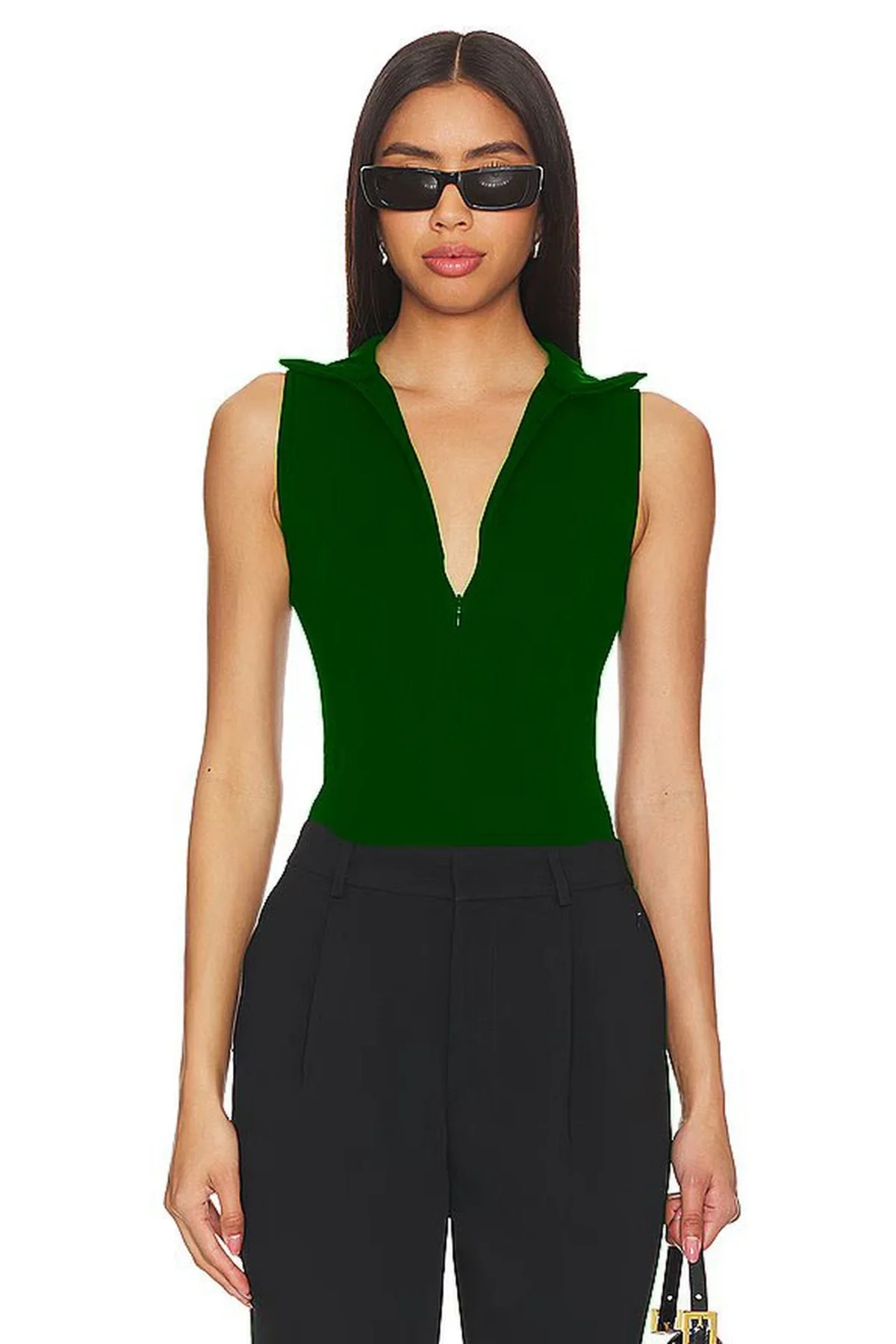 Kadın Yeşil Fermuarlı Polo Yaka Kolsuz Jarse Kumaş Tanga Kesim Bodysuit Zıbın