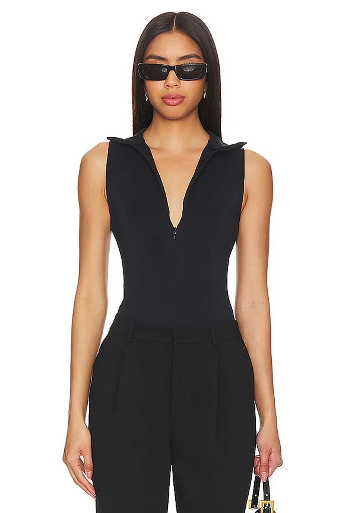 Kadın Siyah Fermuarlı Polo Yaka Kolsuz Jarse Kumaş Tanga Kesim Bodysuit Zıbın