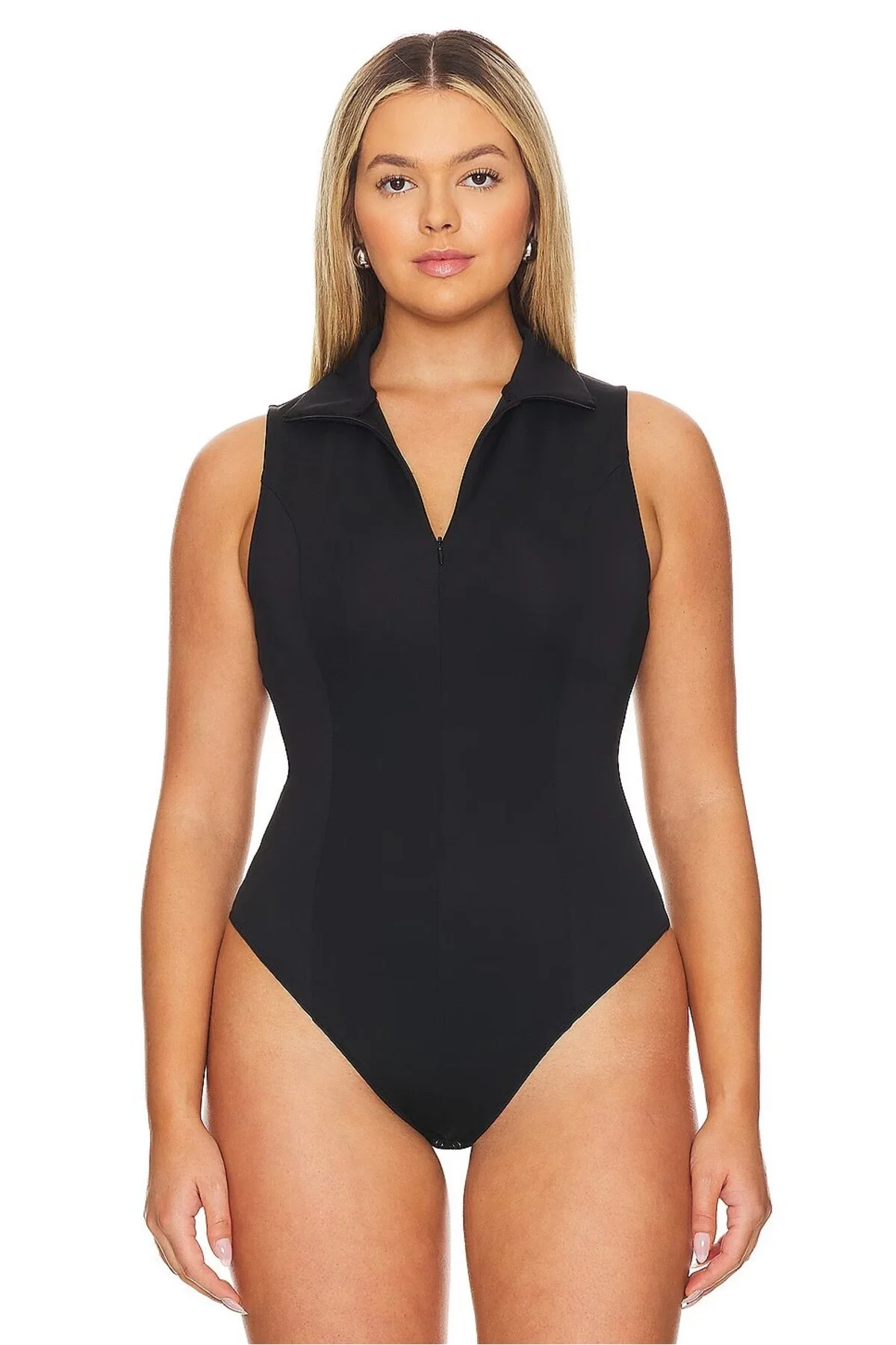 Kadın Siyah Fermuarlı Polo Yaka Kolsuz Jarse Kumaş Tanga Kesim Bodysuit Zıbın
