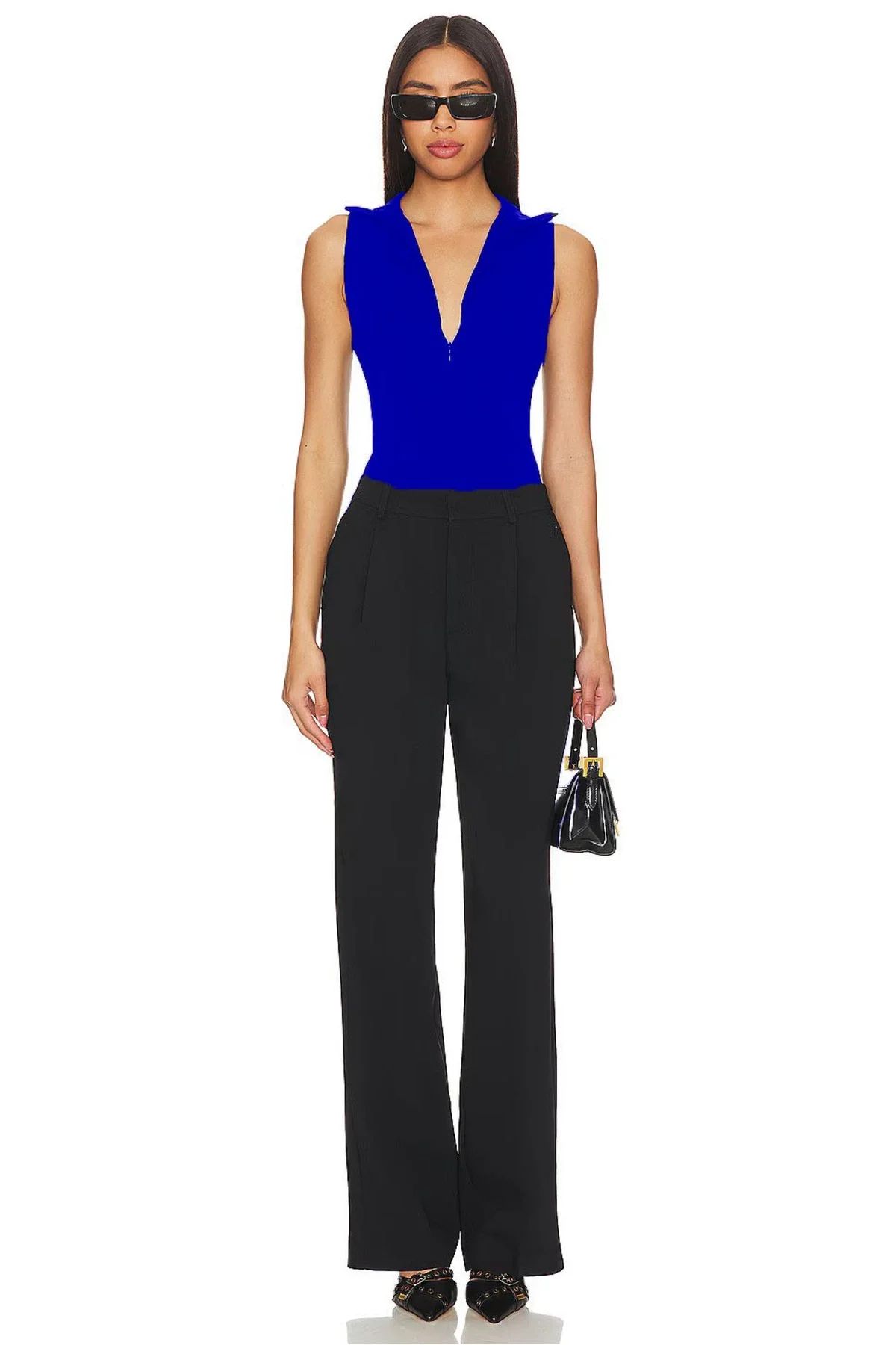 Kadın Mavi Fermuarlı Polo Yaka Kolsuz Jarse Kumaş Tanga Kesim Bodysuit Zıbın