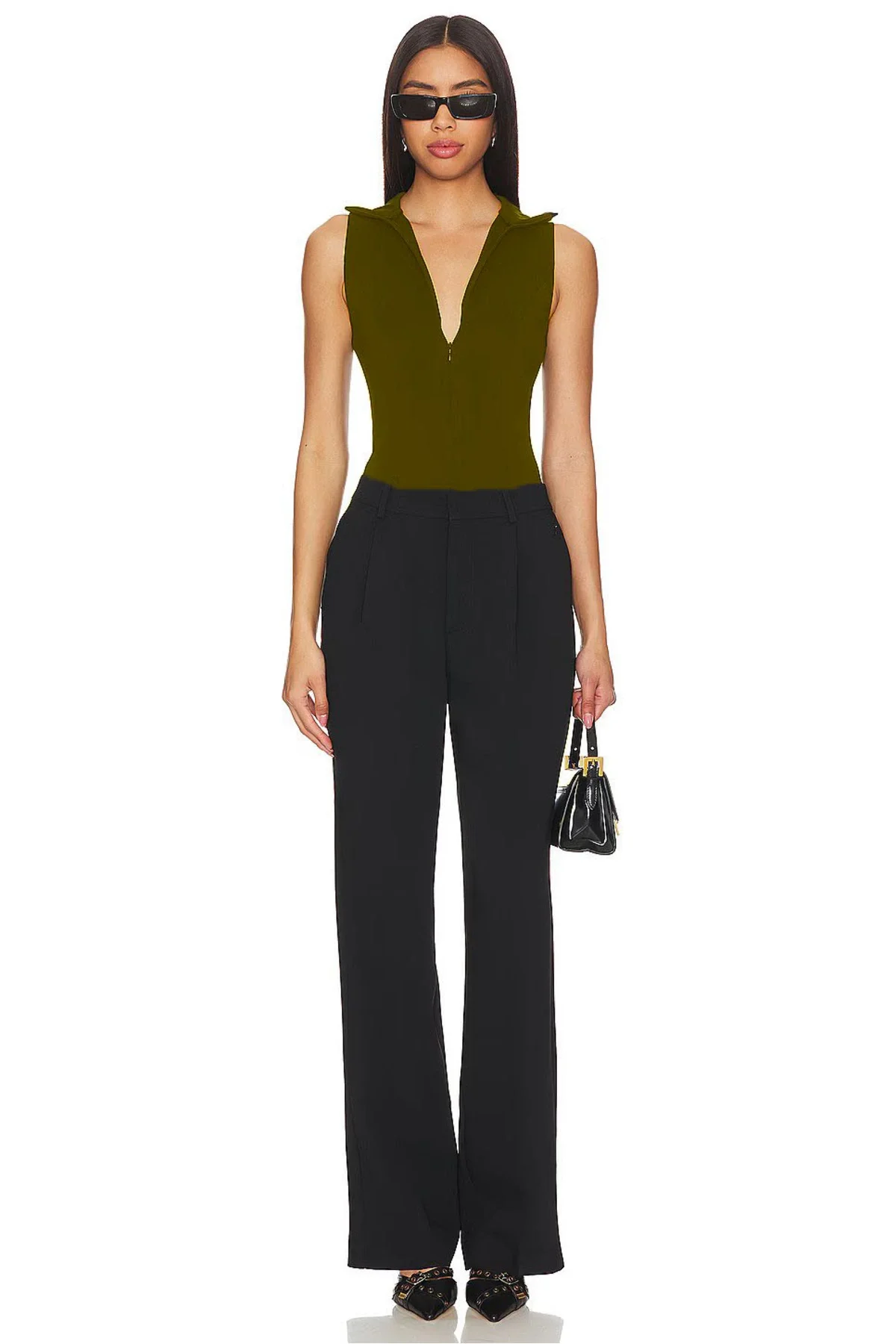 Kadın Haki Fermuarlı Polo Yaka Kolsuz Jarse Kumaş Tanga Kesim Bodysuit Zıbın