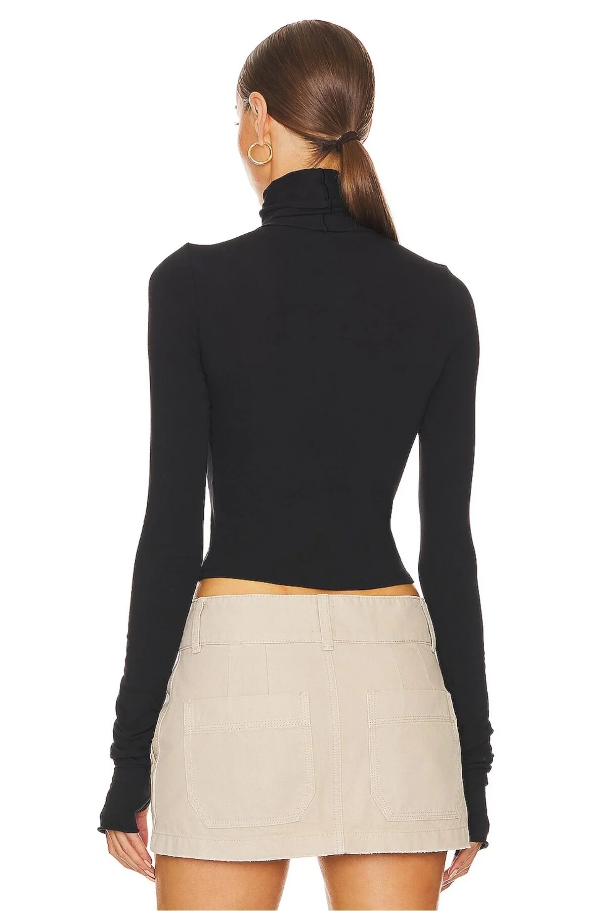 Kadın Siyah Balıkçı Yaka Parmak Geçirmeli Çift Katlı Sandy Kumaş Crop Bluz