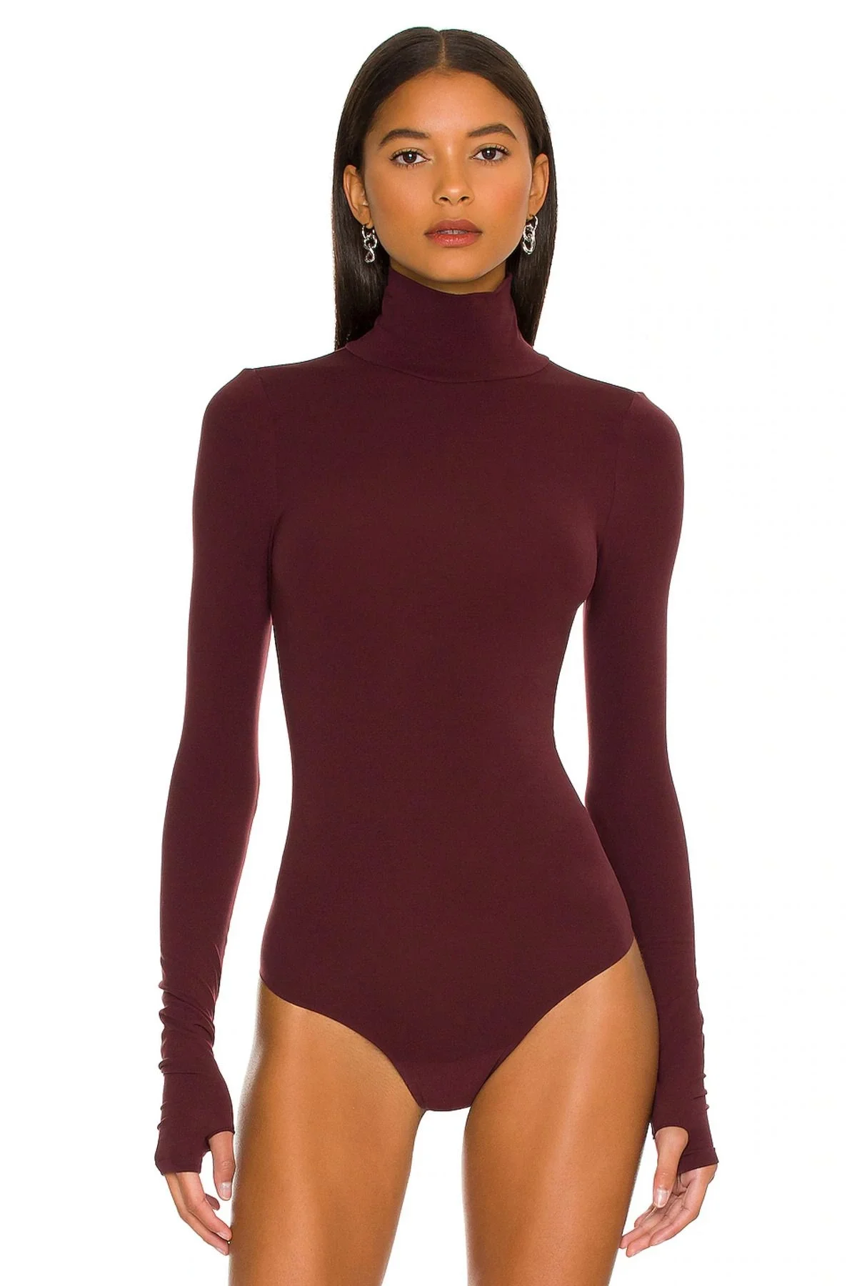Kadın Bordo Balıkçı Yaka Uzun Kollu Parmak Geçmeli Sandy Kumaş Tanga Kesim Bodysuit Zıbın