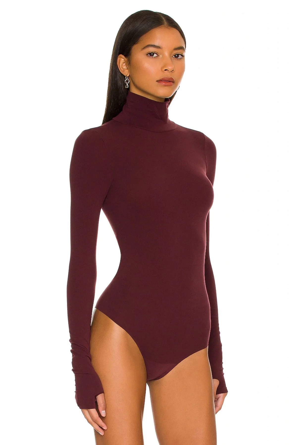 Kadın Bordo Balıkçı Yaka Uzun Kollu Parmak Geçmeli Sandy Kumaş Tanga Kesim Bodysuit Zıbın