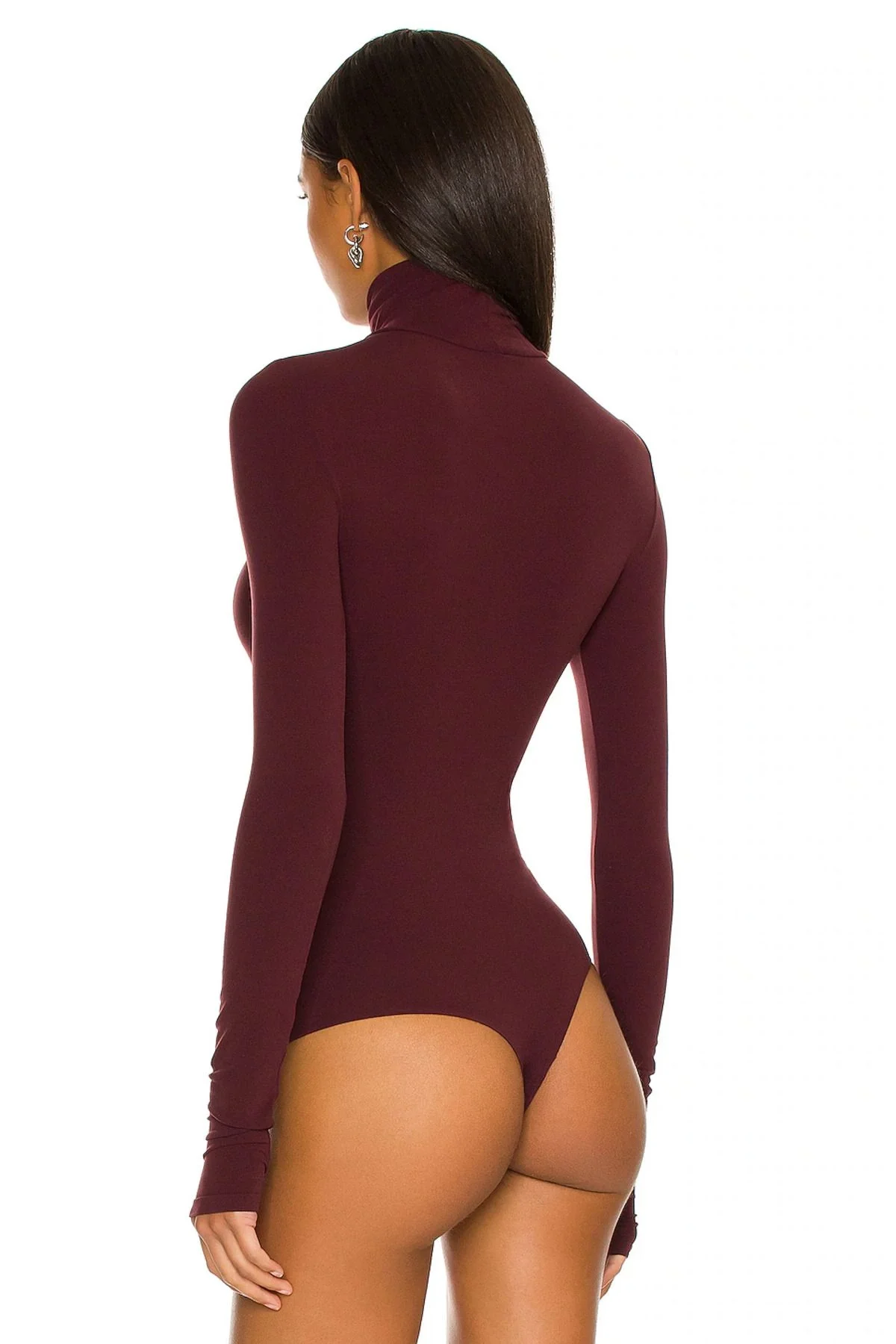 Kadın Bordo Balıkçı Yaka Uzun Kollu Parmak Geçmeli Sandy Kumaş Tanga Kesim Bodysuit Zıbın