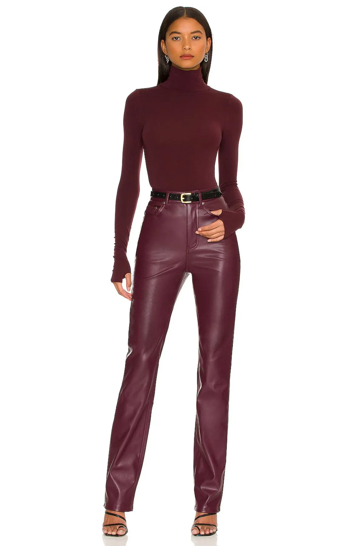 Kadın Bordo Balıkçı Yaka Uzun Kollu Parmak Geçmeli Sandy Kumaş Tanga Kesim Bodysuit Zıbın