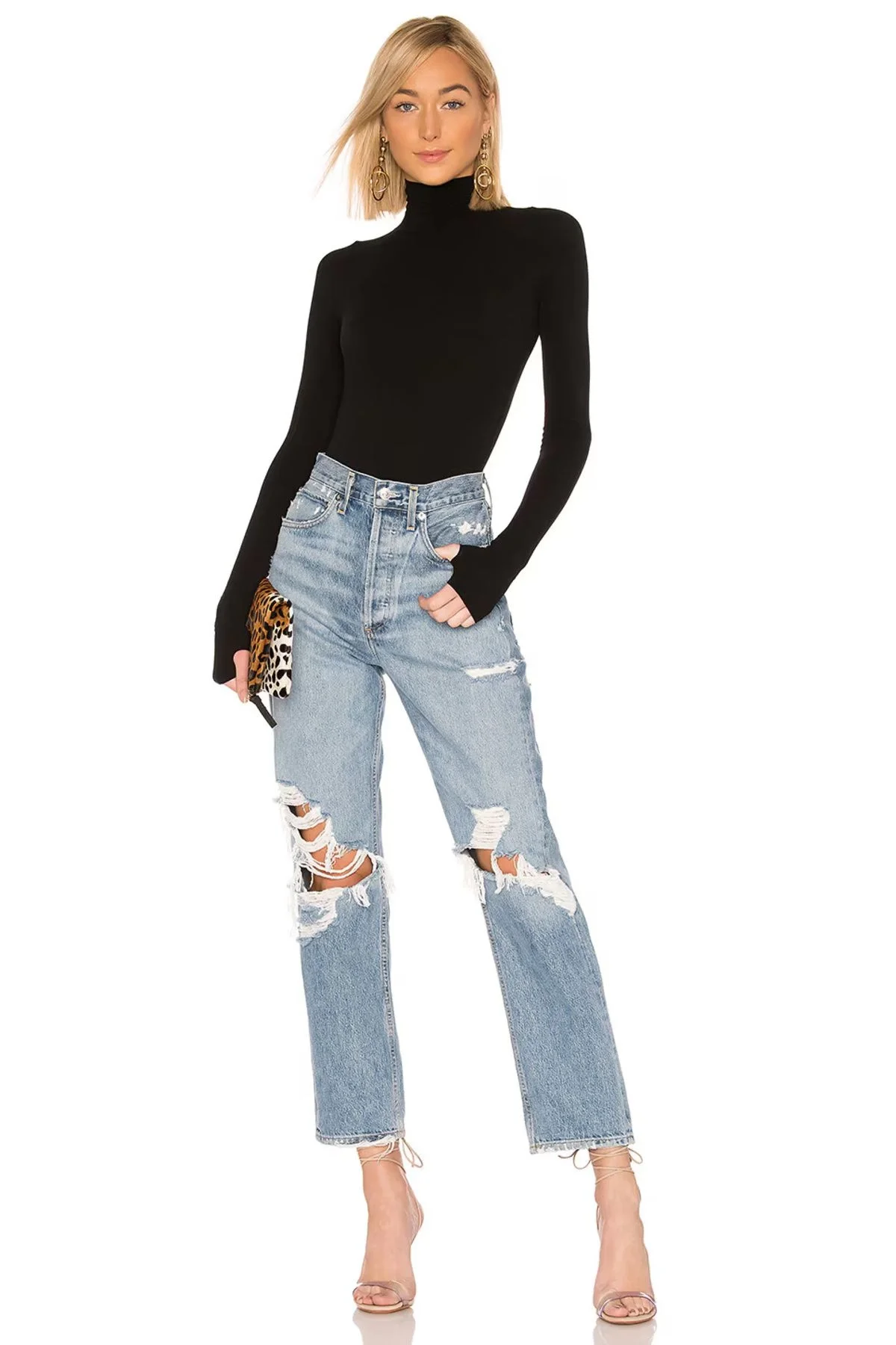 Kadın Siyah Balıkçı Yaka Uzun Kollu Parmak Geçmeli Sandy Kumaş Tanga Kesim Bodysuit Zıbın