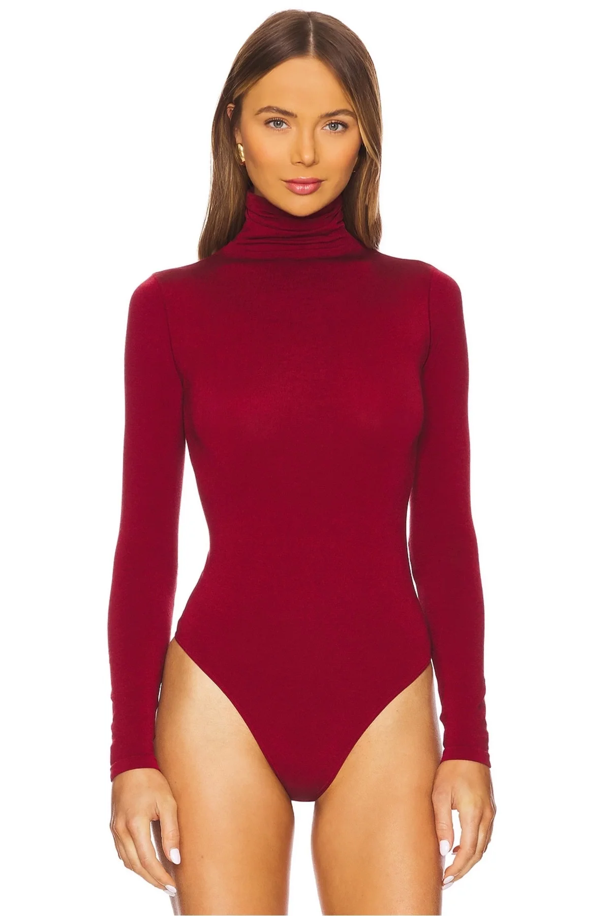 Kadın Bordo Balıkçı Yaka Uzun Kollu İpek Jarse Kumaş Tanga Kesim Bodysuit Zıbın