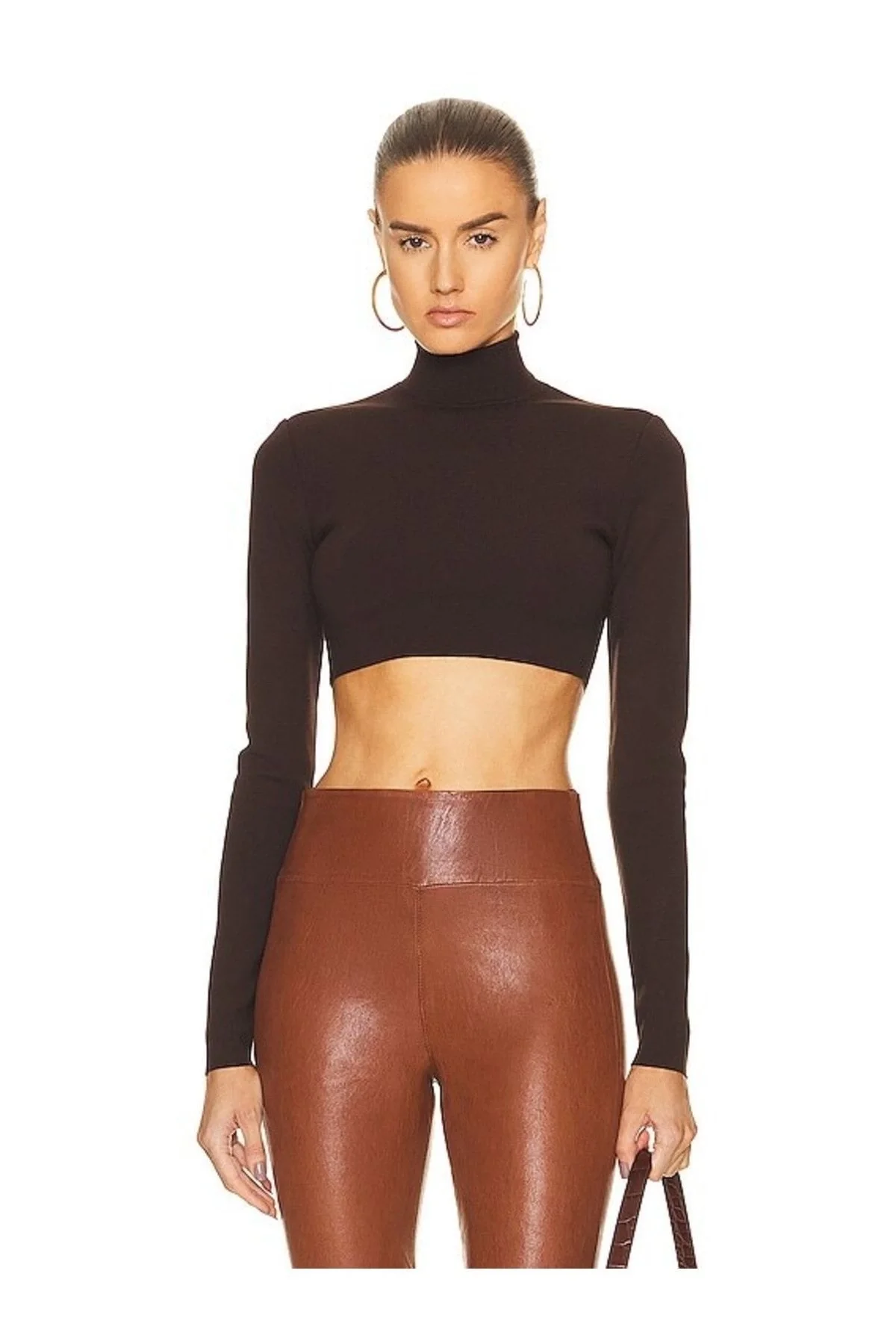 Kadın Kahverengi Balıkçı Yaka Uzun Kollu Çift Katlı Sandy Kumaş Crop Bluz