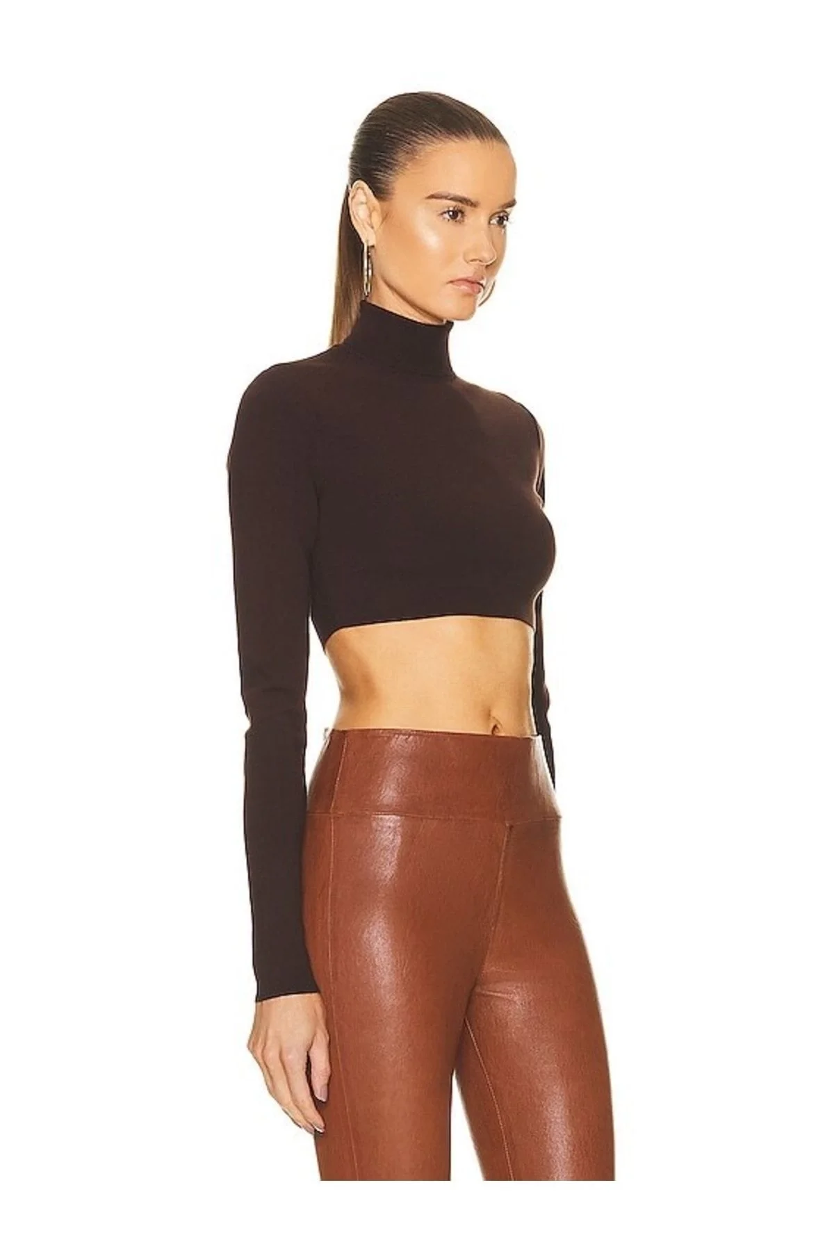 Kadın Kahverengi Balıkçı Yaka Uzun Kollu Çift Katlı Sandy Kumaş Crop Bluz