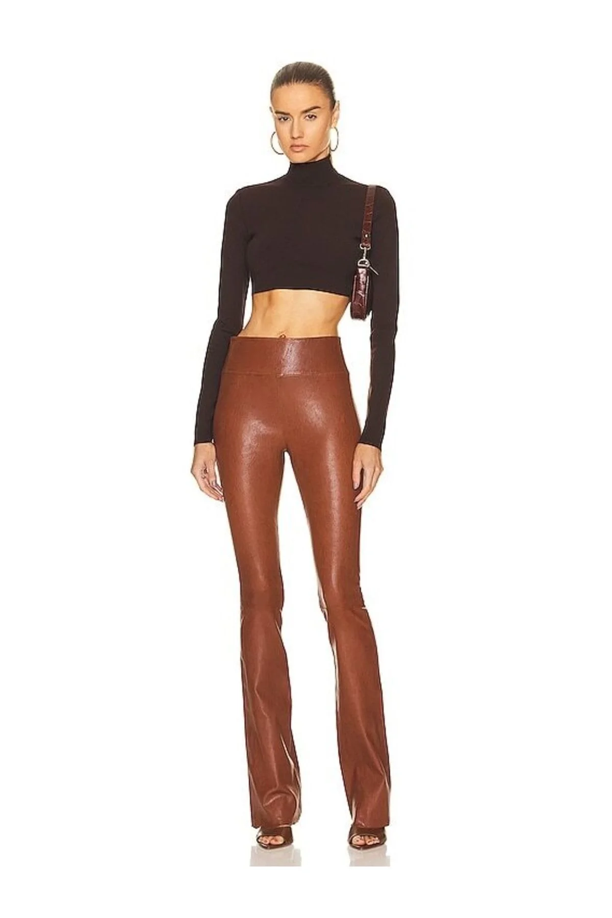 Kadın Kahverengi Balıkçı Yaka Uzun Kollu Çift Katlı Sandy Kumaş Crop Bluz