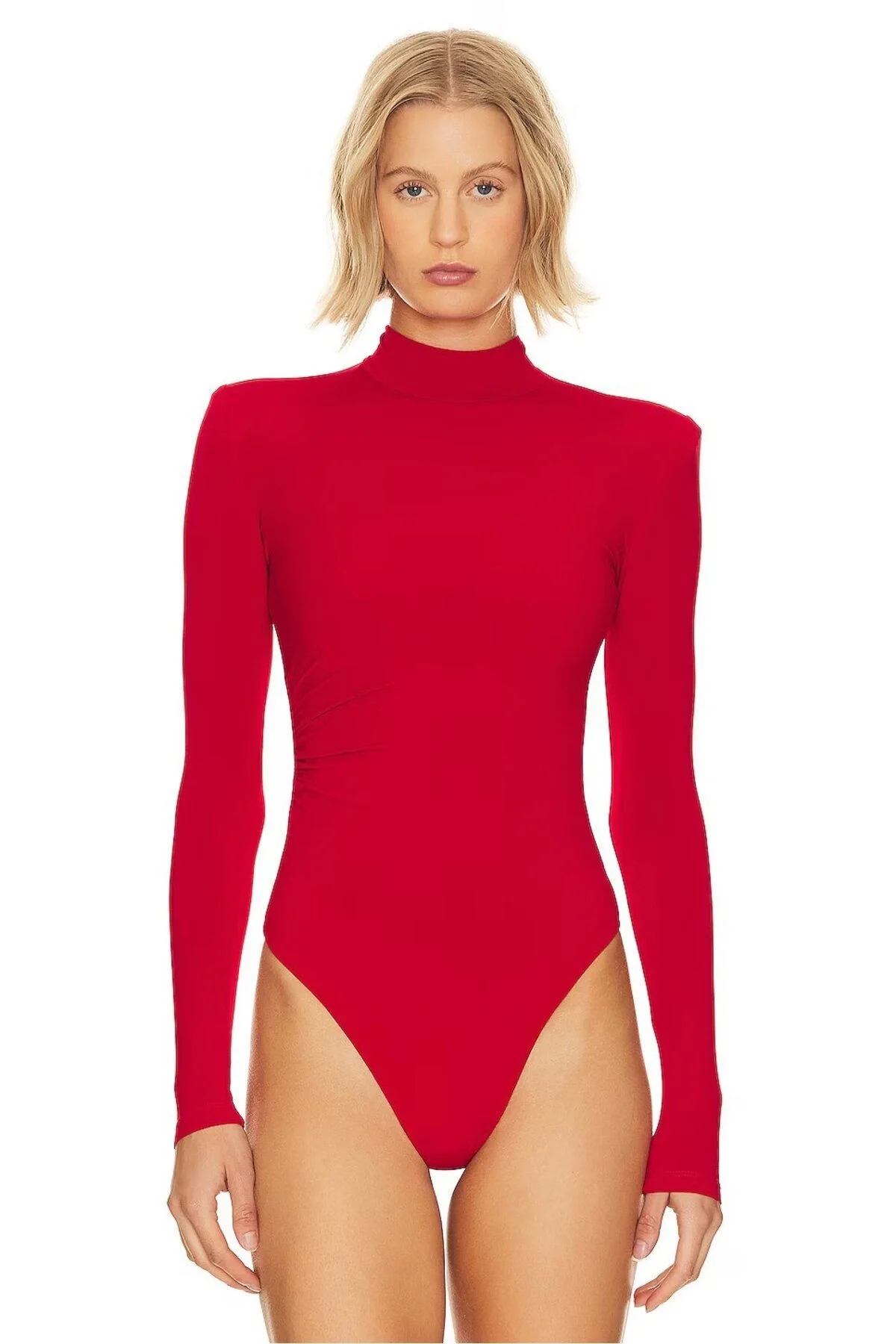 Kadın Kırmızı Balıkçı Yaka Uzun Kollu Çift Katlı Sandy Kumaş Tanga Bodysuit
