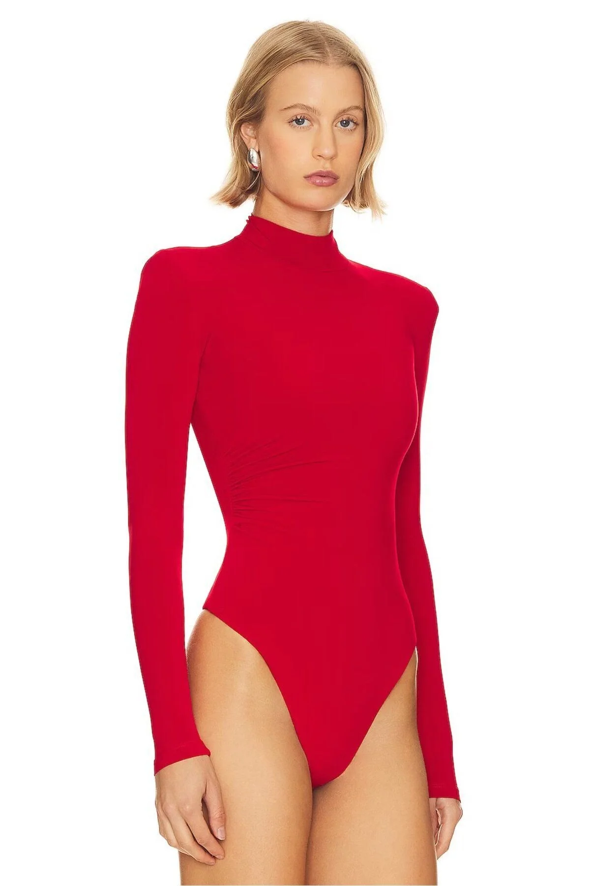 Kadın Kırmızı Balıkçı Yaka Uzun Kollu Çift Katlı Sandy Kumaş Tanga Bodysuit