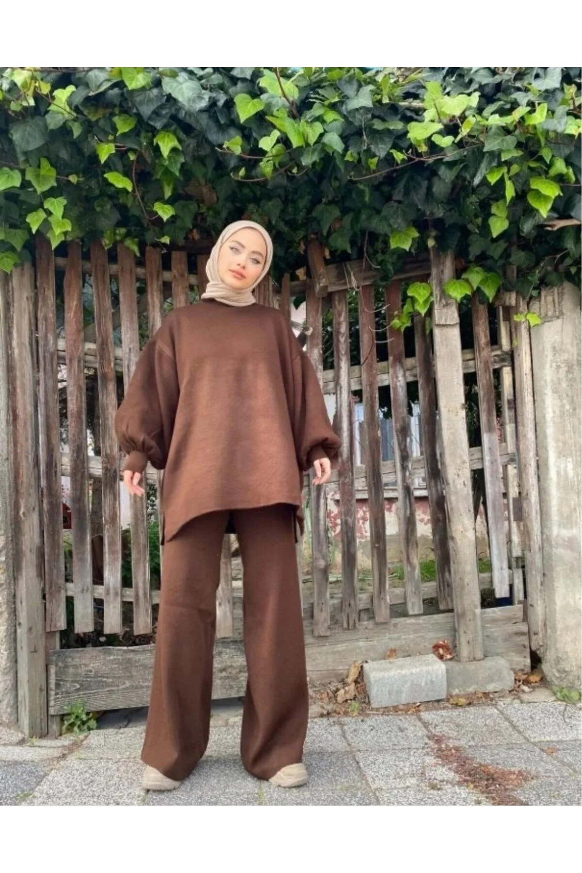 Kadın Acı Kahve Balon Kol Oversize Triko Tunik Pantolon İkili Takım