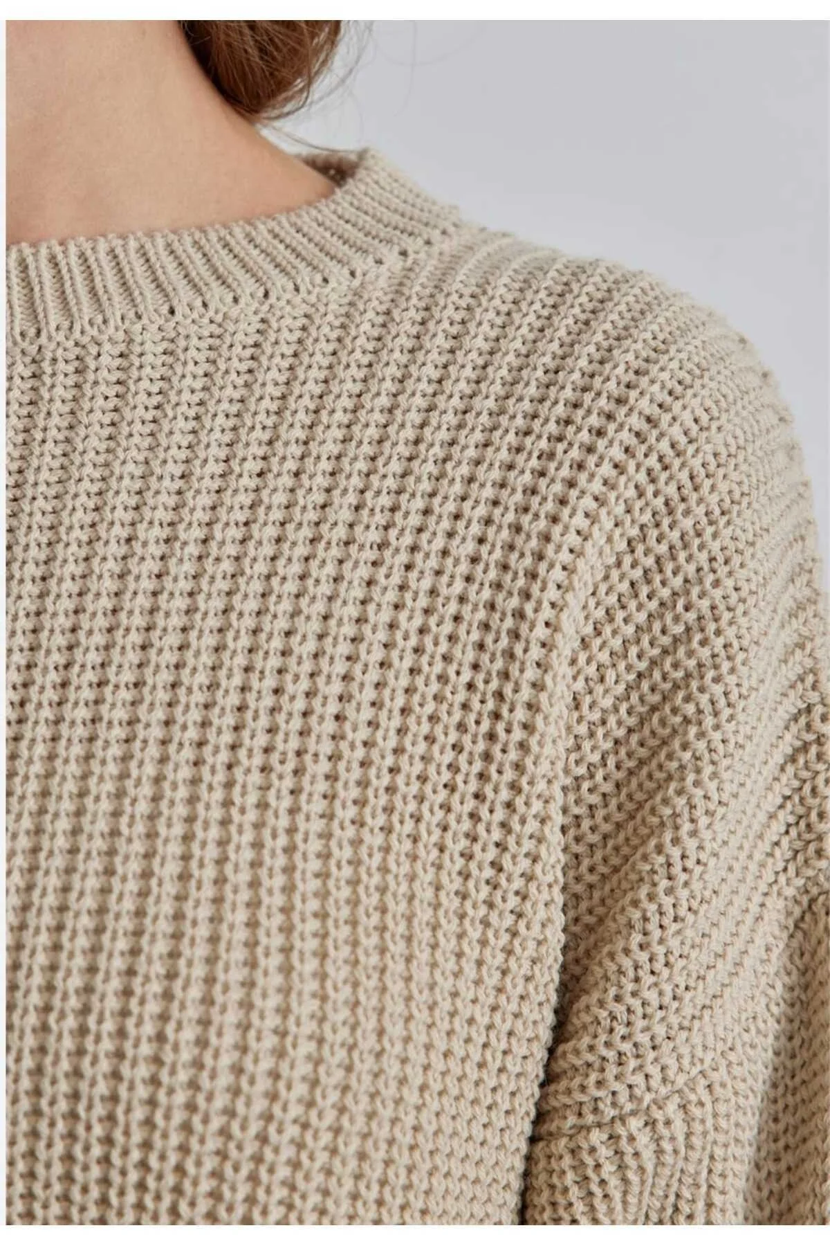 Kadın Bej Selanik Örgü Bisiklet Yaka Oversize Salaş Triko Kaza