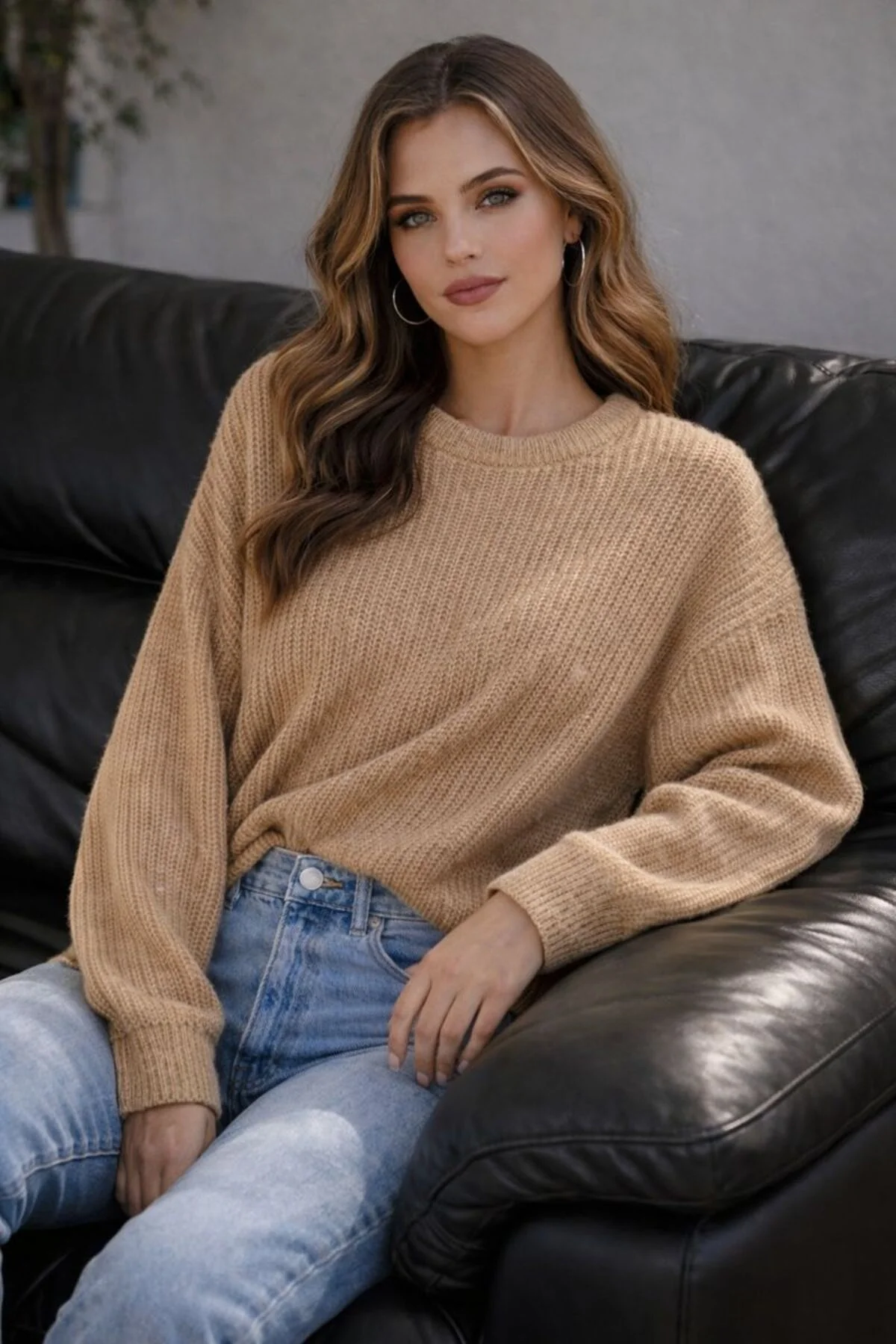 Kadın Vizon Selanik Örgü Bisiklet Yaka Oversize Salaş Triko Kazak