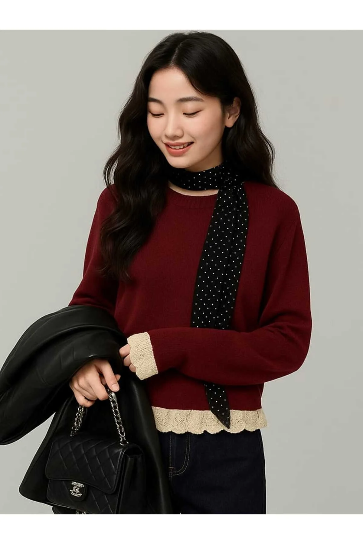 Kadın Bordo Güpürlü Dantelli Oymalı Bisiklet Yaka Uzun Kollu Şık Bluz